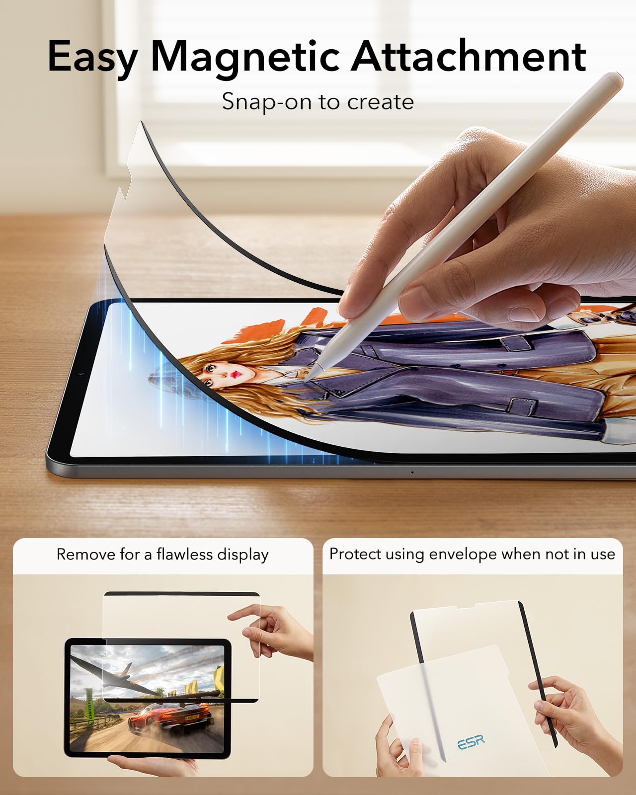 Esr For Ipad Pro 12.9 Inch Paper Feel Magnetic Screen Protector 6Th/5Th/4Th/3Rd Generation (2022/2021/2020/2018), Write And Draw Like On Paper, Detachable And Reusable, Matte Finish