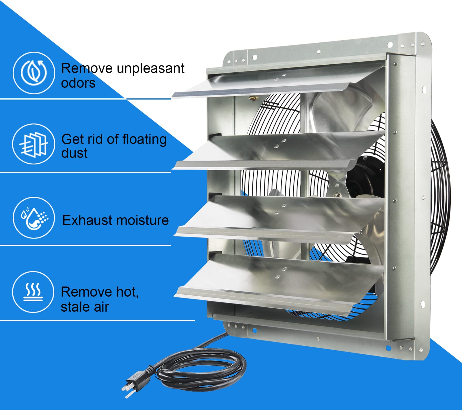 Jpower 18 Inch Shutter Exhaust Fan, Gable Vent Fan, Wall Mount Ventilation, High Speed 2600 Cfm, Automatic Aluminum Blades, For