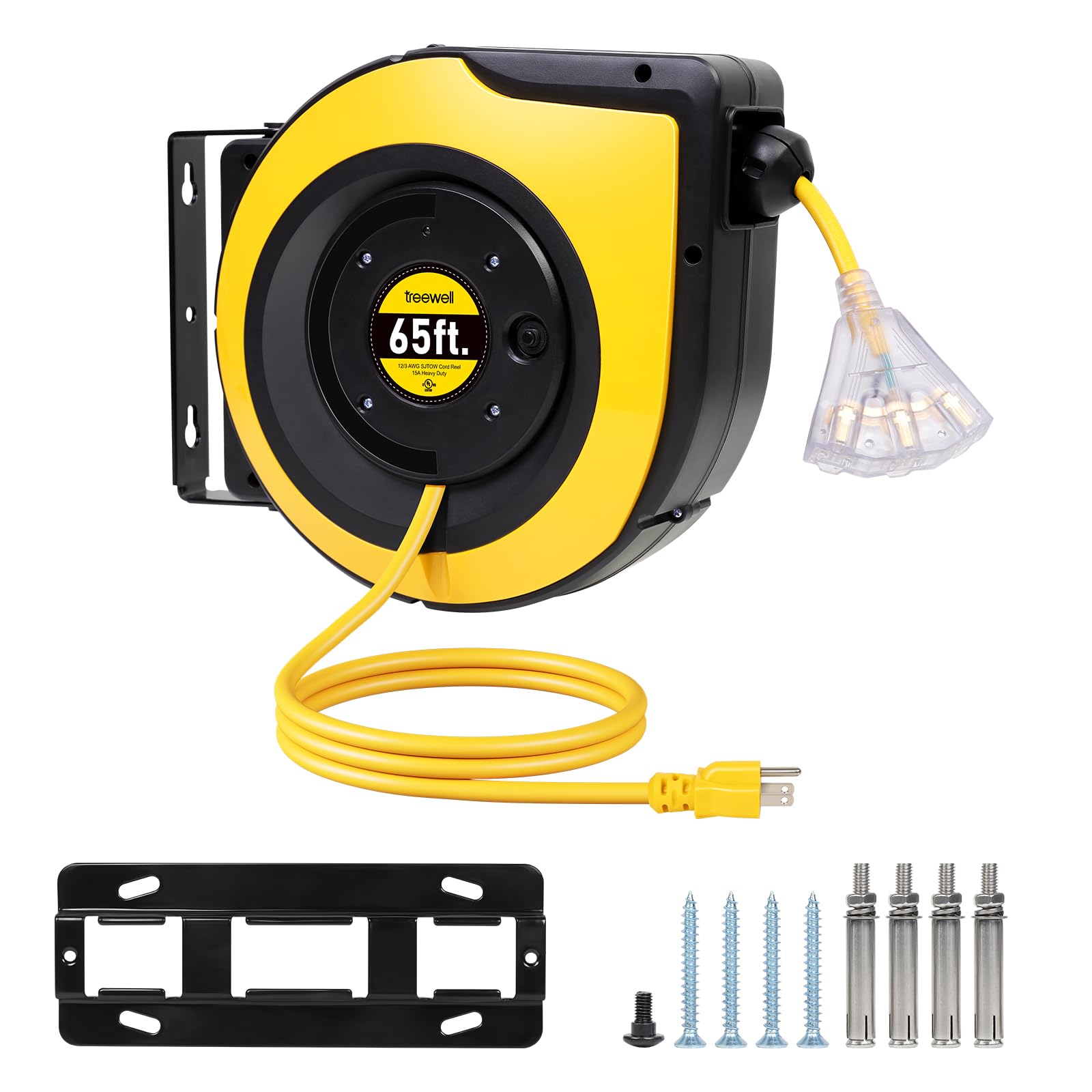 Treewell 65Ft Retractable Extension Cord Reel, 12Awg/3C Sjtow Heavy Duty Power Cord With Lighted Triple Outlets, 15A Circuit Bre