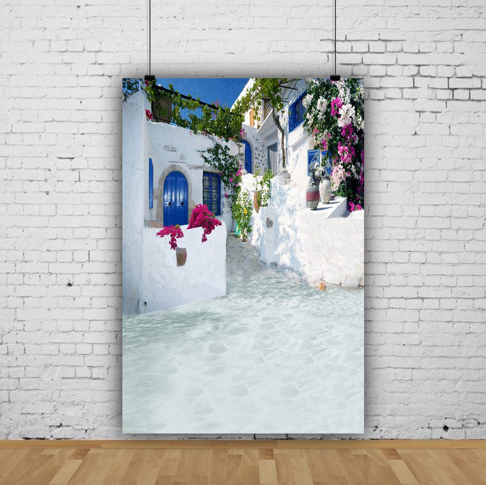 Laeacco 6X8Ft Greece Backdrop Aegean Sea Greek Architecture Natural Landscape Photography Background White Stone House Flowers V