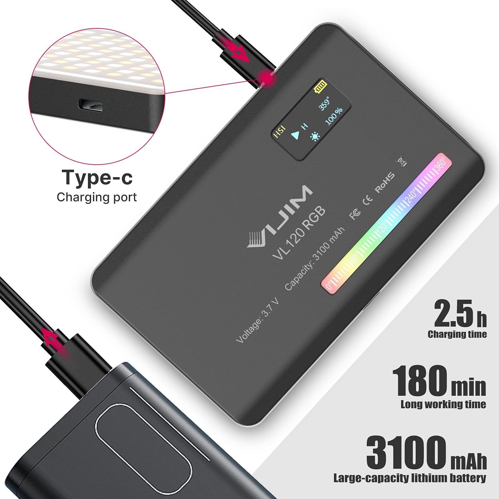 Vijim Vl120 Rgb Video Light, Portable Led Camera Light Panel 0 360 Full Color, Cri 95+ 2500 9000K Led 3100Mah Rechargeable Dslr Lighting For Vlogging, Photography, Video Conference