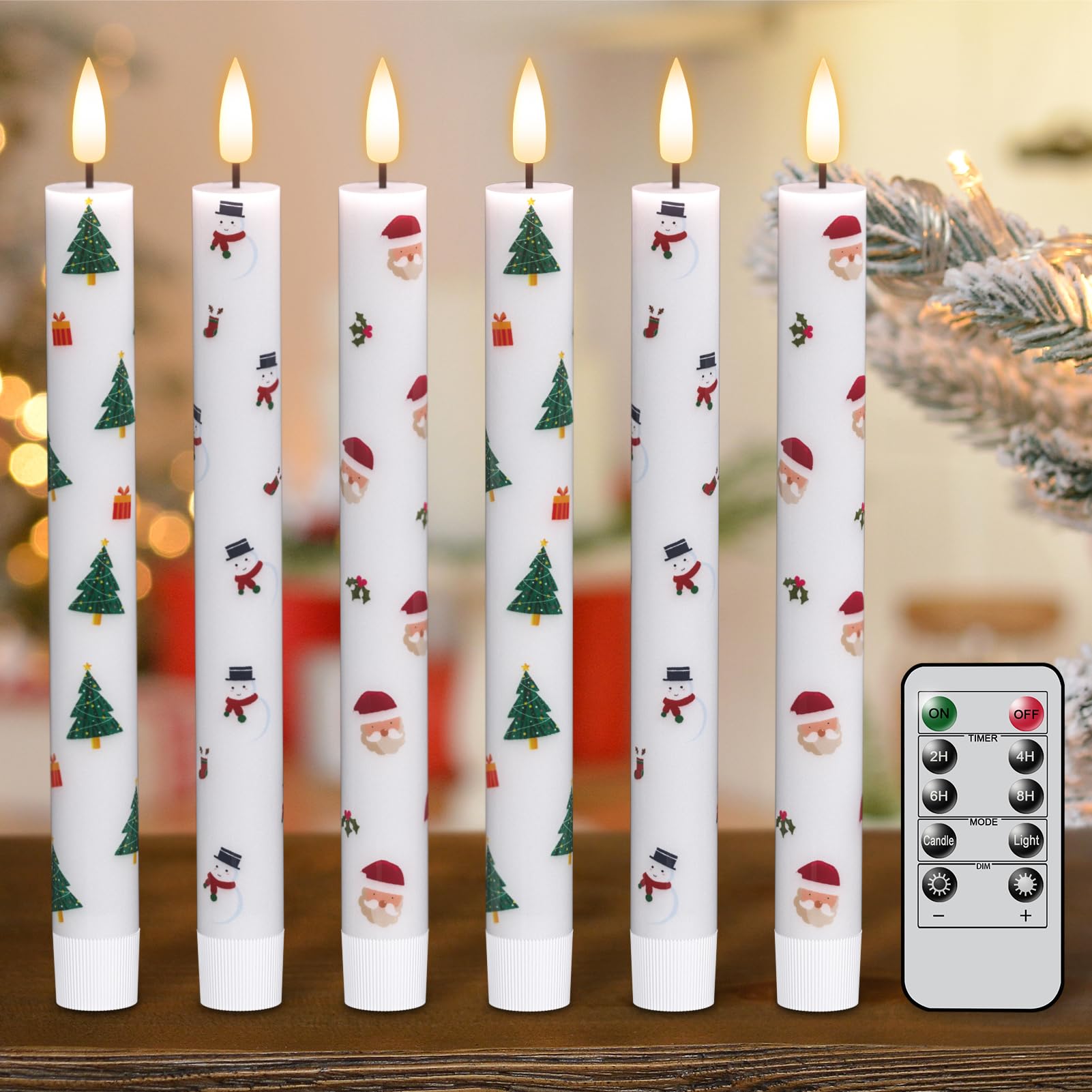 Eldnacele Christmas Taper Flameless Candles Remote And Timer, Battery Operated 3D Wick Flickering Christmas Tree,Santa,Snowman D