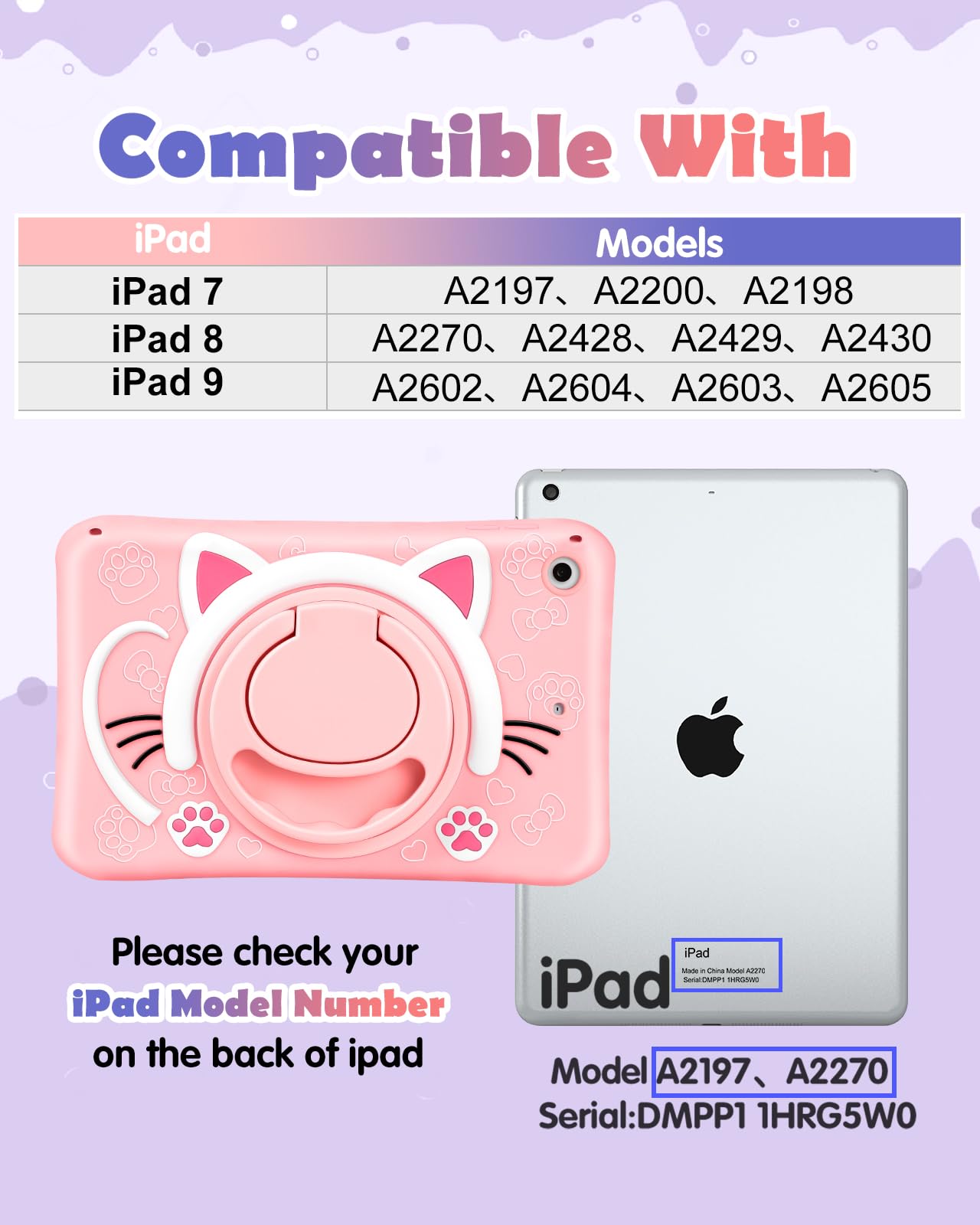 Wazzasoft For Ipad 9Th/8Th/7Th Generation Case 10.2 Inch Cute Girls Kawaii Cover Girly 3D Cat Cartoon Women With Rotating Handle