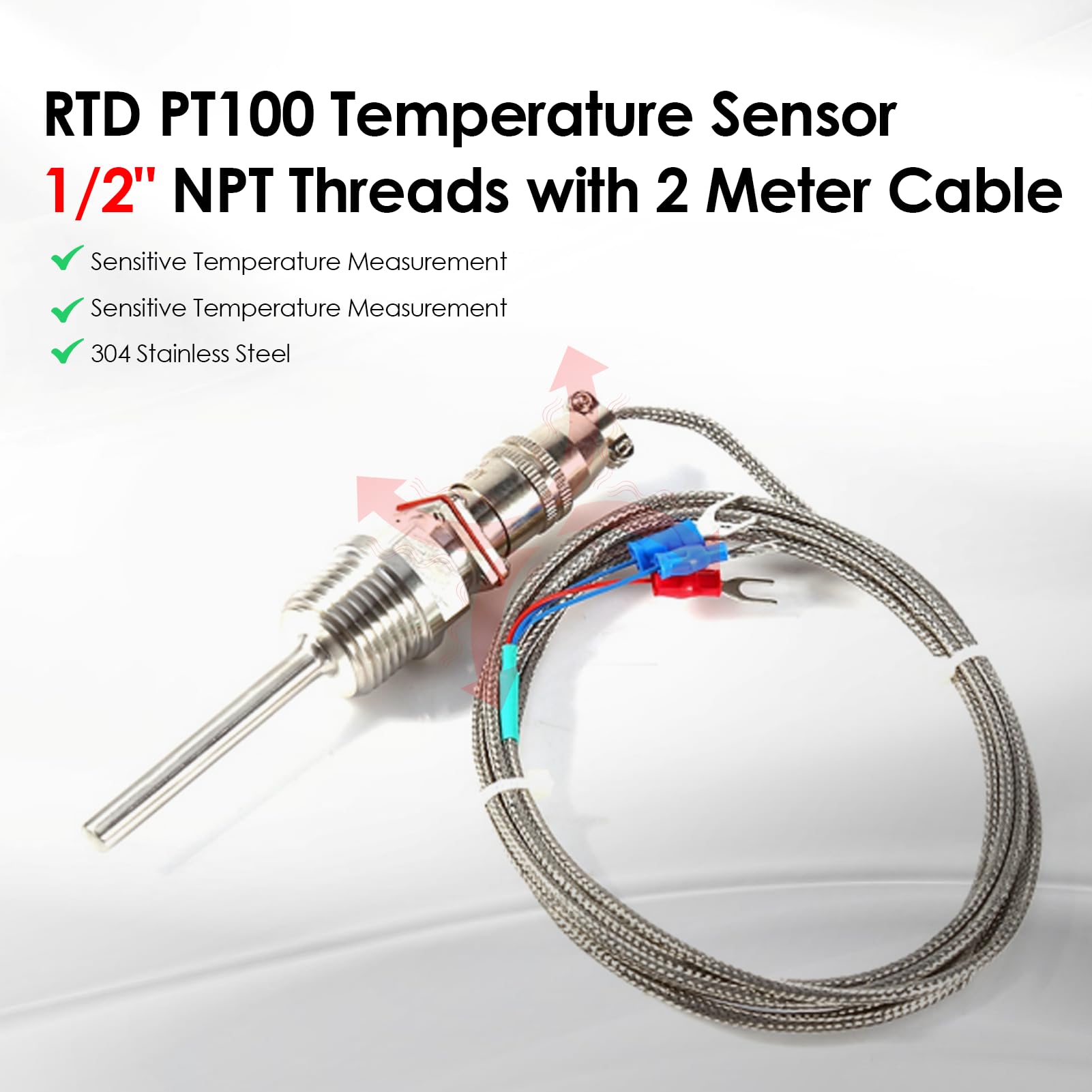 Rtd Pt100 Temperature Sensor Probe 1/2 Npt Thread 3 Wires 2M 6.6 Ft Cable Stainless Steel Probe -50 To 300 ?