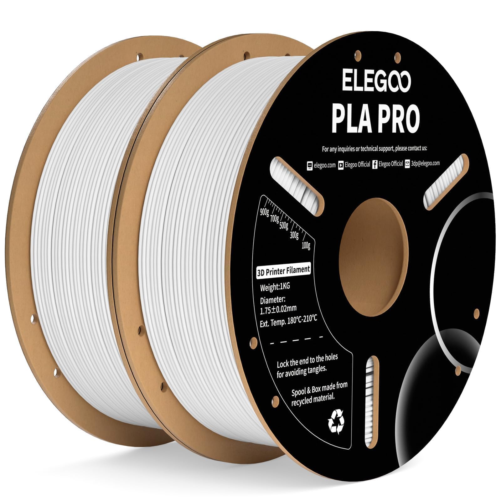 ELEGOO PLA PRO Filament 1.75mm White 2KG, Improved Rigidity 3D Printer Filament Dimensional Accuracy +/- 0.02mm, 2pcs 1kg Spool 