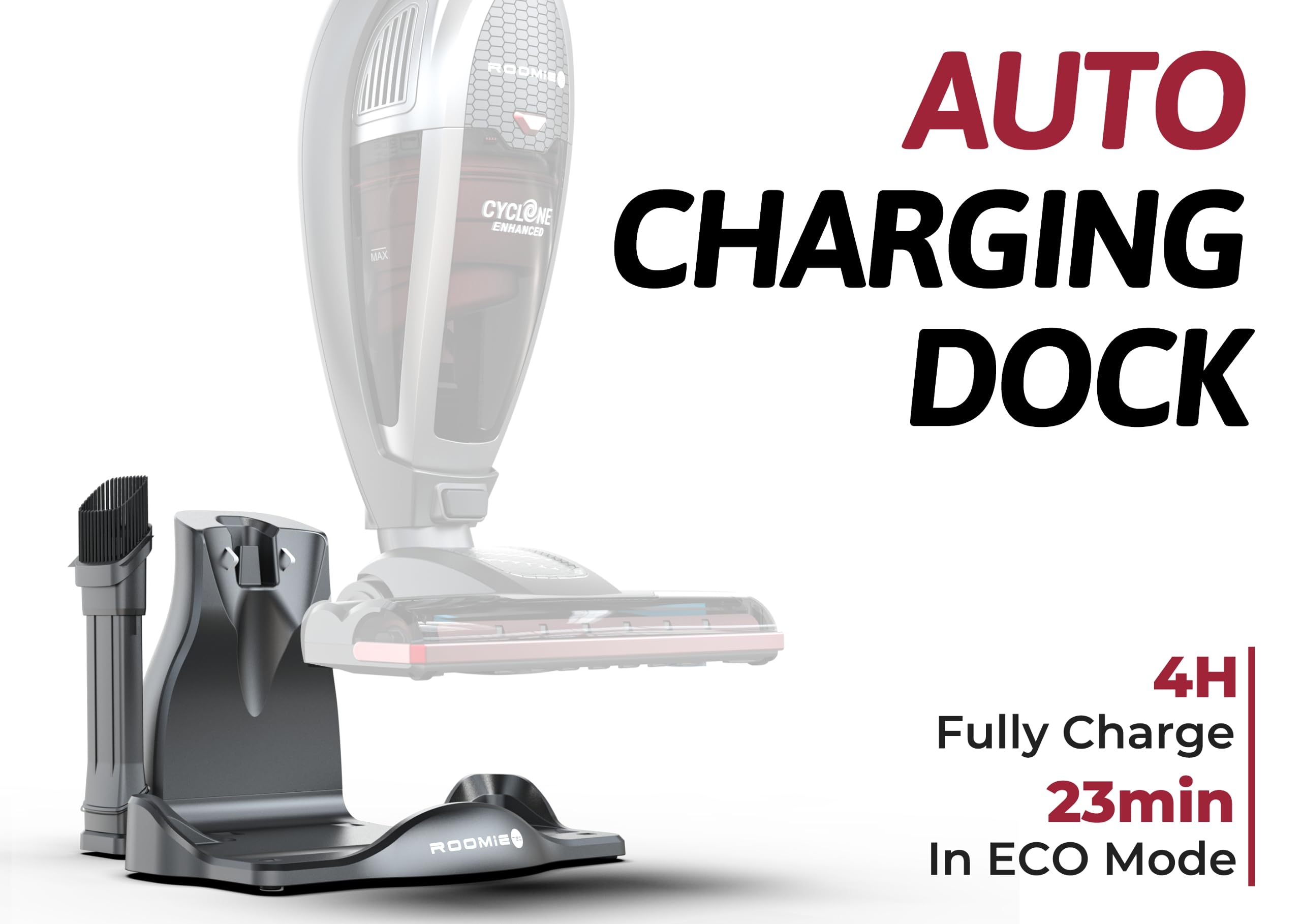 Roomie Tec SlimVac Cordless Vacuum Cleaner - 2200mAh Battery, Lightweight 2-in-1 Handheld, Space Grey, Model SL587A, Auto Recharge Station