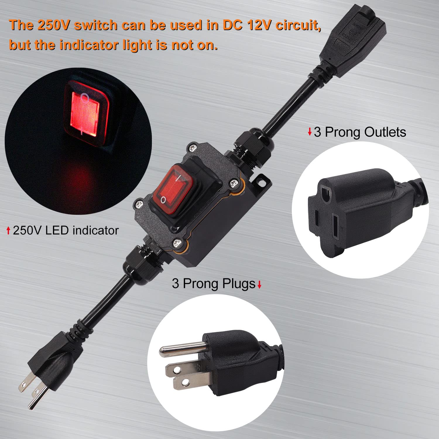 Weideer Extension Cord With Inline Switch On/Off Ip67 Waterproof 20A 250V 1.5Ft 14Awg 3Pin Outlets Plugs Power Cord Red Led Rock