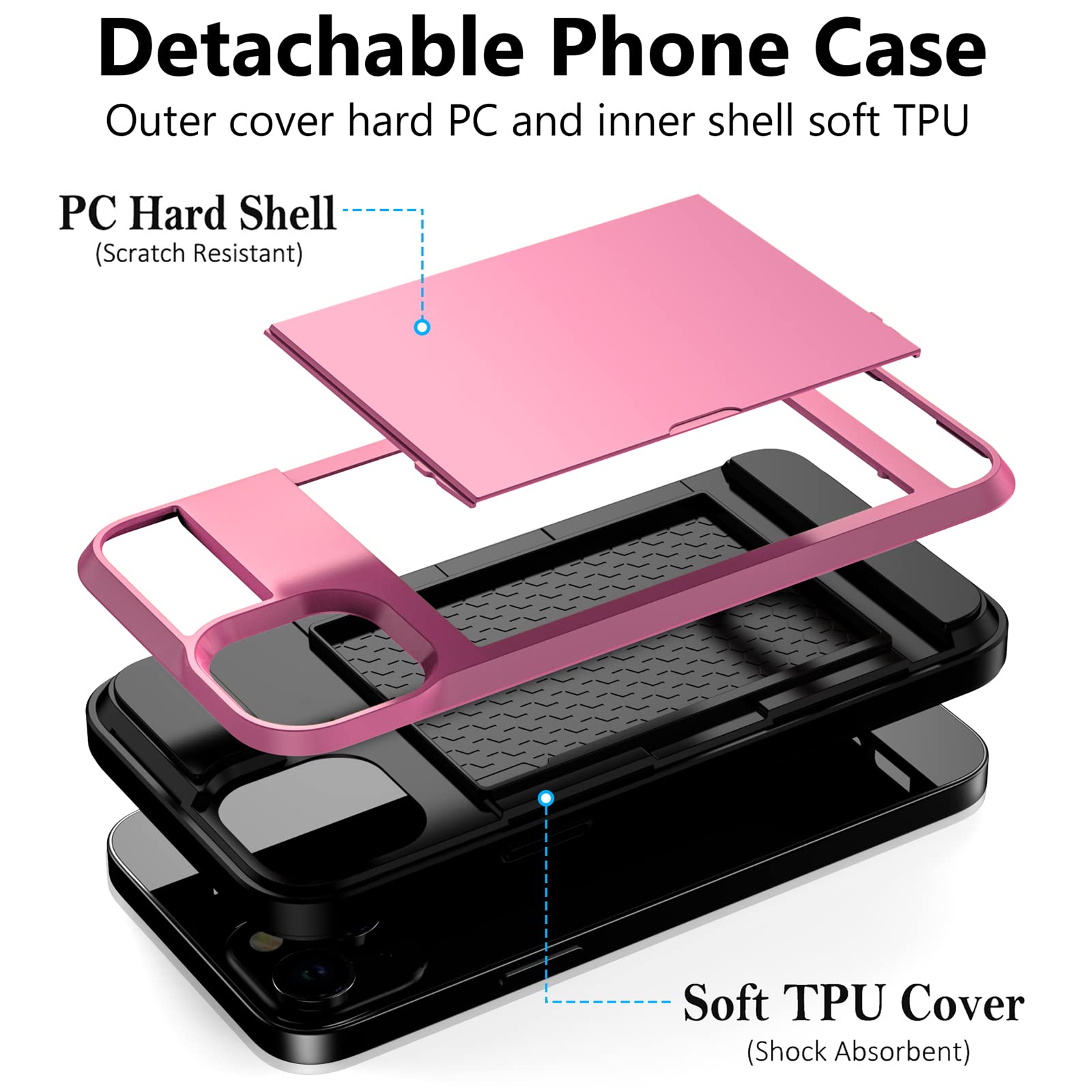 Vofolen For With Iphone 15 Wallet Case With Card Holder, Dual Layer Shockproof Wallet Phone Case, Hidden Card Slot Sliding Prote