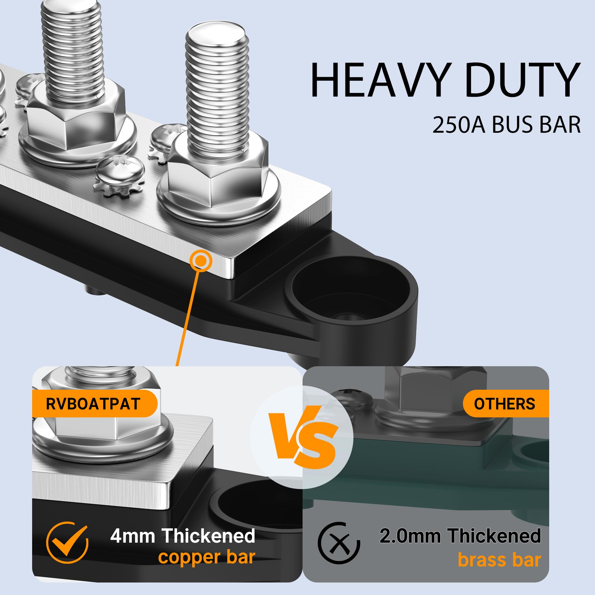 Rvboatpat Upgrade 250A 12V Bus Bar Battery Power Distribution Block Car Audio 12 Volt Dc Busbar 4 X 3/8'' Posts 6 X #8 Screws Fo