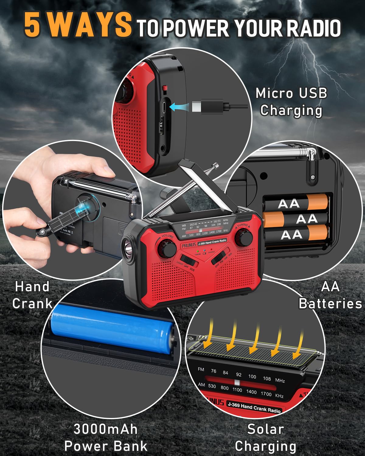 Prunus J 369 11100Mwh Emergency Weather Radio, Aa Batteries/Hand Crank/Solar/Usb Charging, Noaa/Am/Fm, Led Flashlight And Readin