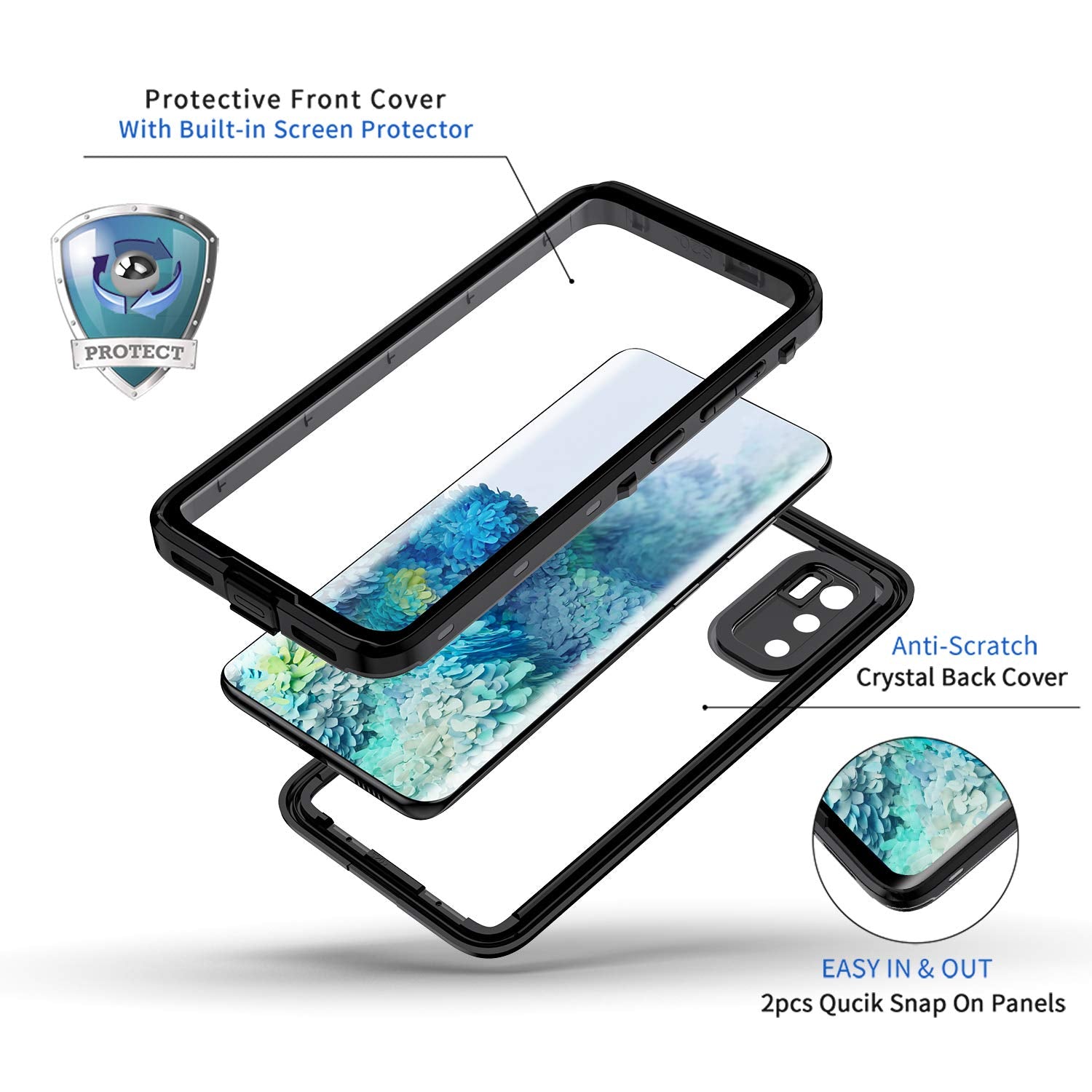 Lanhiem For Samsung Galaxy S20 Case, Ip68 Waterproof Dustproof Shockproof Case With Built In Screen Protector, Heavy Duty Full B