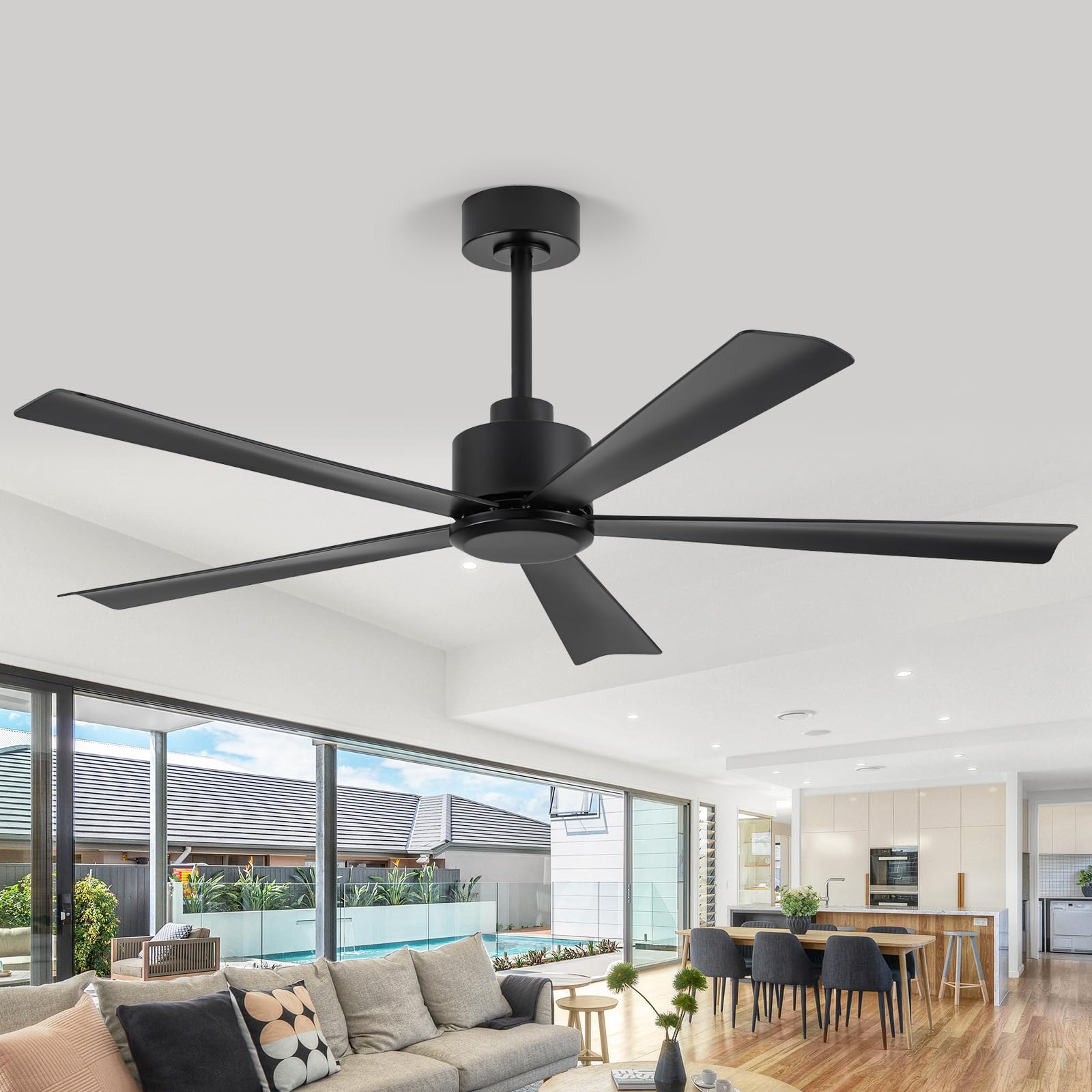 ZYD 52 Inch Black Low Profile Ceiling Fan Without Light, Modern Industrial Ceiling Fan with Remote, Reversible Quiet DC Copper M