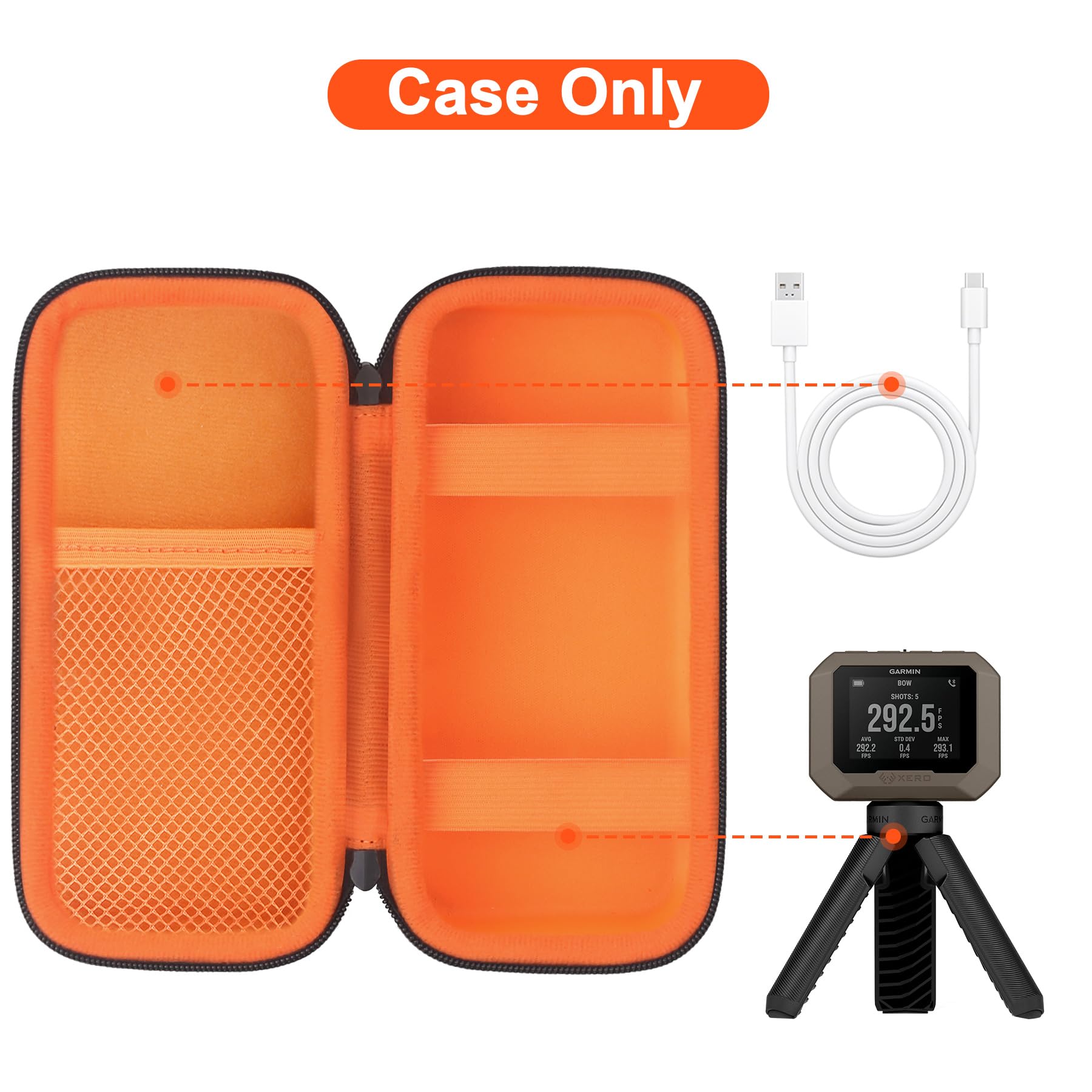 Canboc Hard Case For Garmin Xero C1 Pro Compact Chronograph, Mesh Pocket Fit Cable, Charger, Power Bank, Black+Orange (Case Only