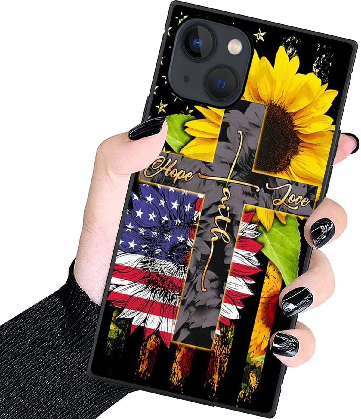 Zhuxuxitt Iphone 13 Square Case,Faith Cross American Flag Sunflower Case For Men And Girls,Fashion Pattern Soft Tpu Bumper Frame