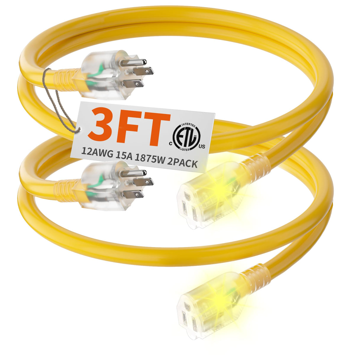 Huanchain 2 Pack 3 Ft 12/3 Gauge Heavy Duty Outdoor Extension Cord Waterproof With Lighted, Flexible Cold Weather 3 Prong Electr