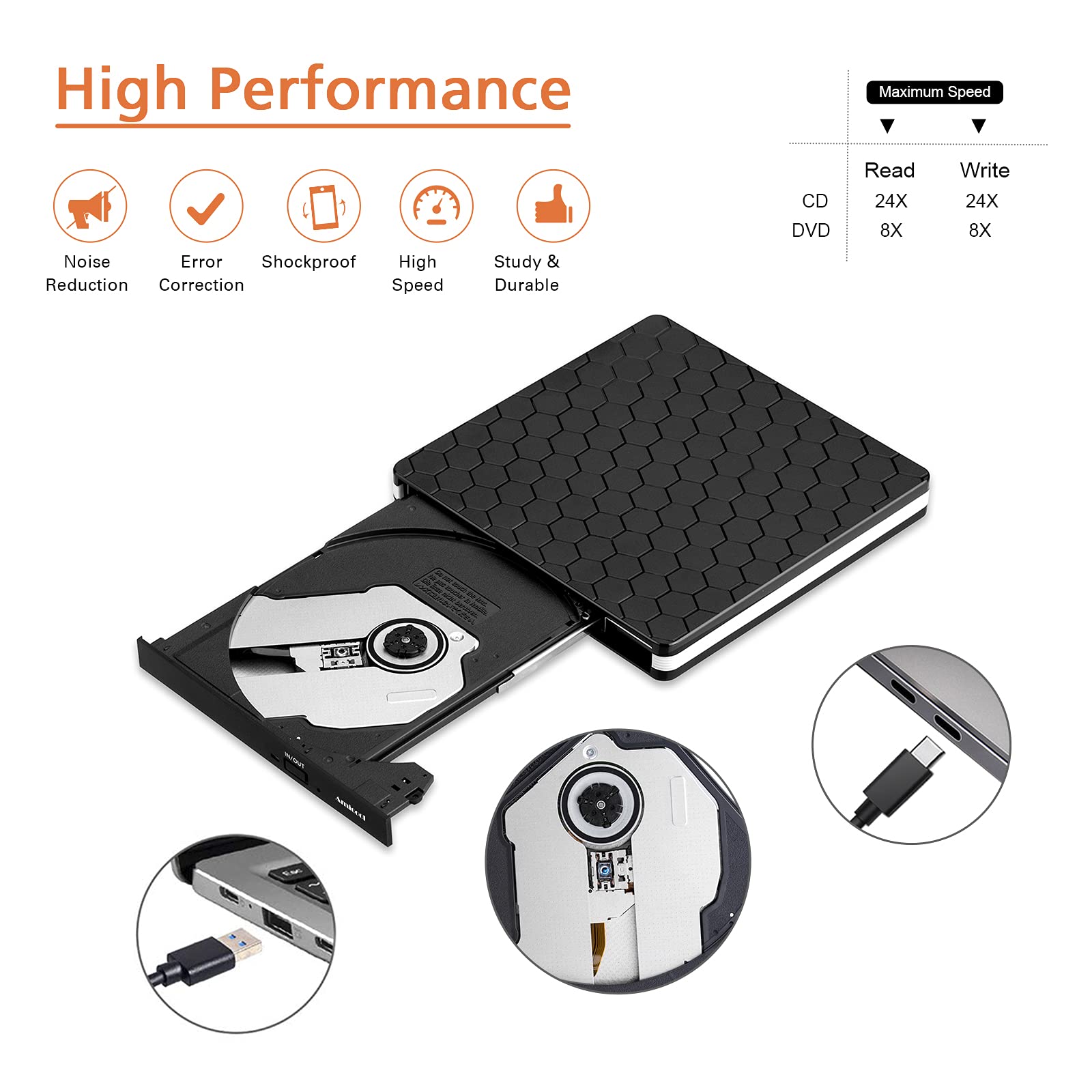 External Dvd Drive, Amicool Usb 3.0 Type C Cd Dvd +/ Rw Optical Drive Usb C Burner Slim Cd/Dvd Rom Rewriter Writer Reader Portable For Pc Laptop Desktop Macbook Mac Windows 7/8.1/10 Linux Os Apple