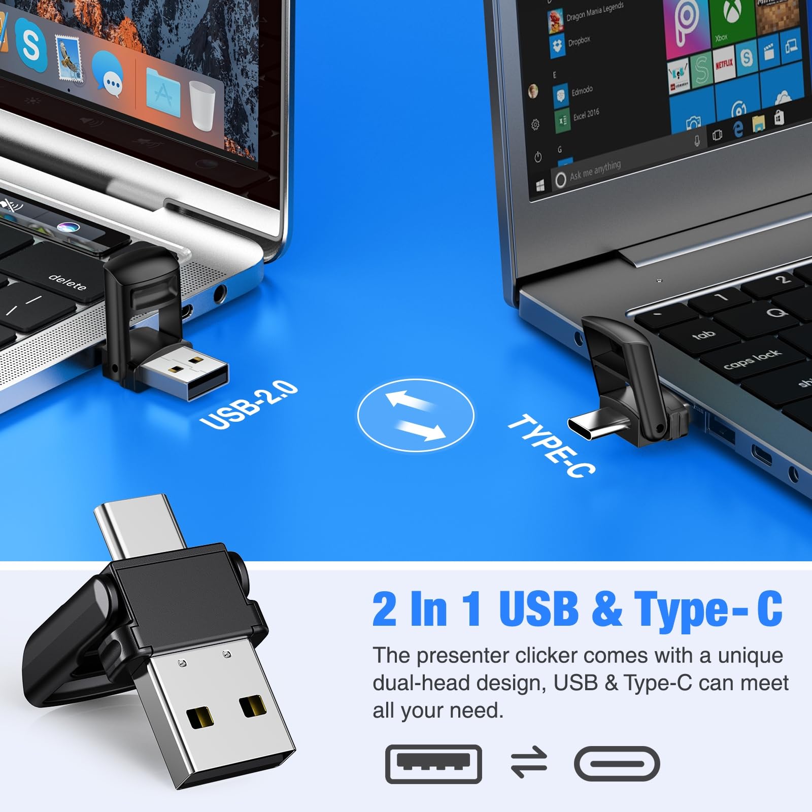 2-In-1 Usb-C Wireless Presentation Clicker, 2.4Ghz Slide Clicker With Volume Control & Hyperlink, Pointer For Mac Laptop Compute