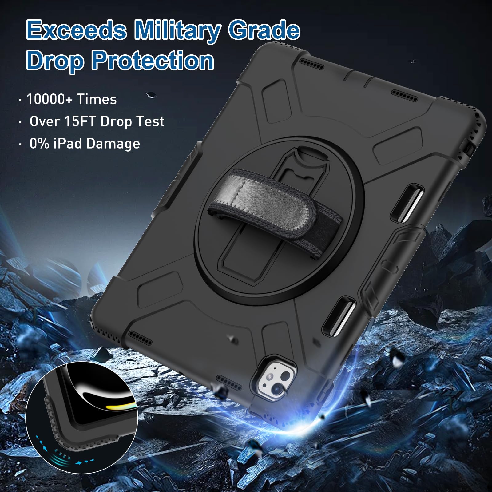 Supfives Case For Ipad Pro 13 Inch 2024 (7Th Gen), With Screen Protector/Shoulder Strap/Pencil Holder/Handle/Rotating Stand, Bla