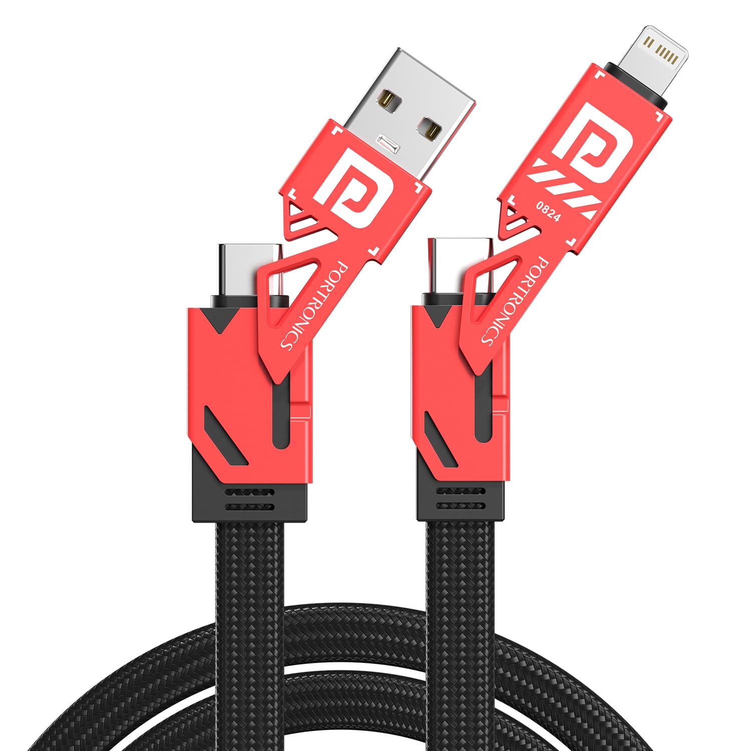 Portronics Procharge 4 60W 4In1 Multifunctional Fast Charging Cable With Multiple Port & Metal Zinc Alloy Head, Tangle Free Fl