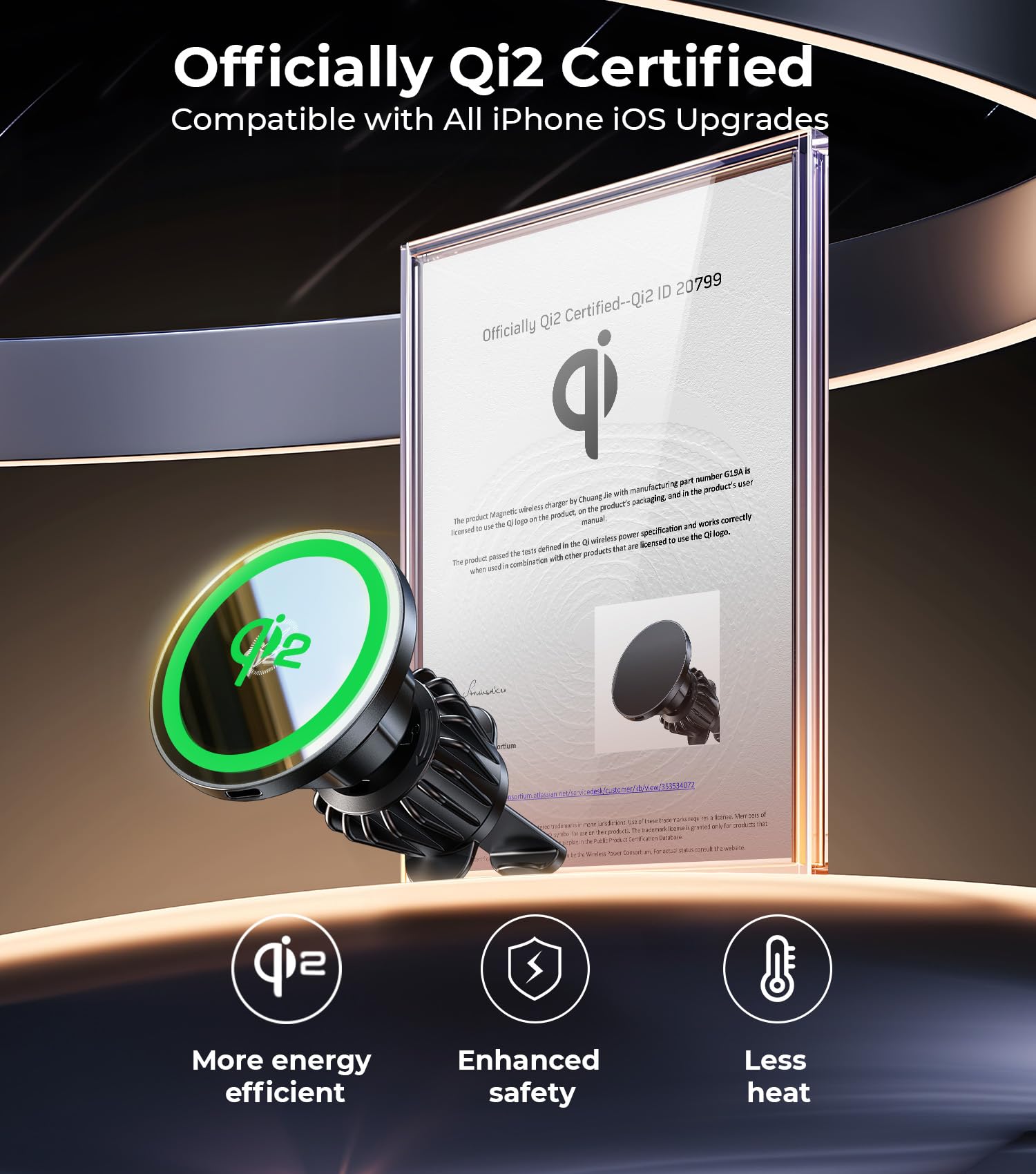 ?Qi2 Certified90Lbs Vacuum Magnetic Suction?15W Fast Wireless Car Charger Mount For Magsafe, 360 Adjustable Arm, Dashboard/Winds