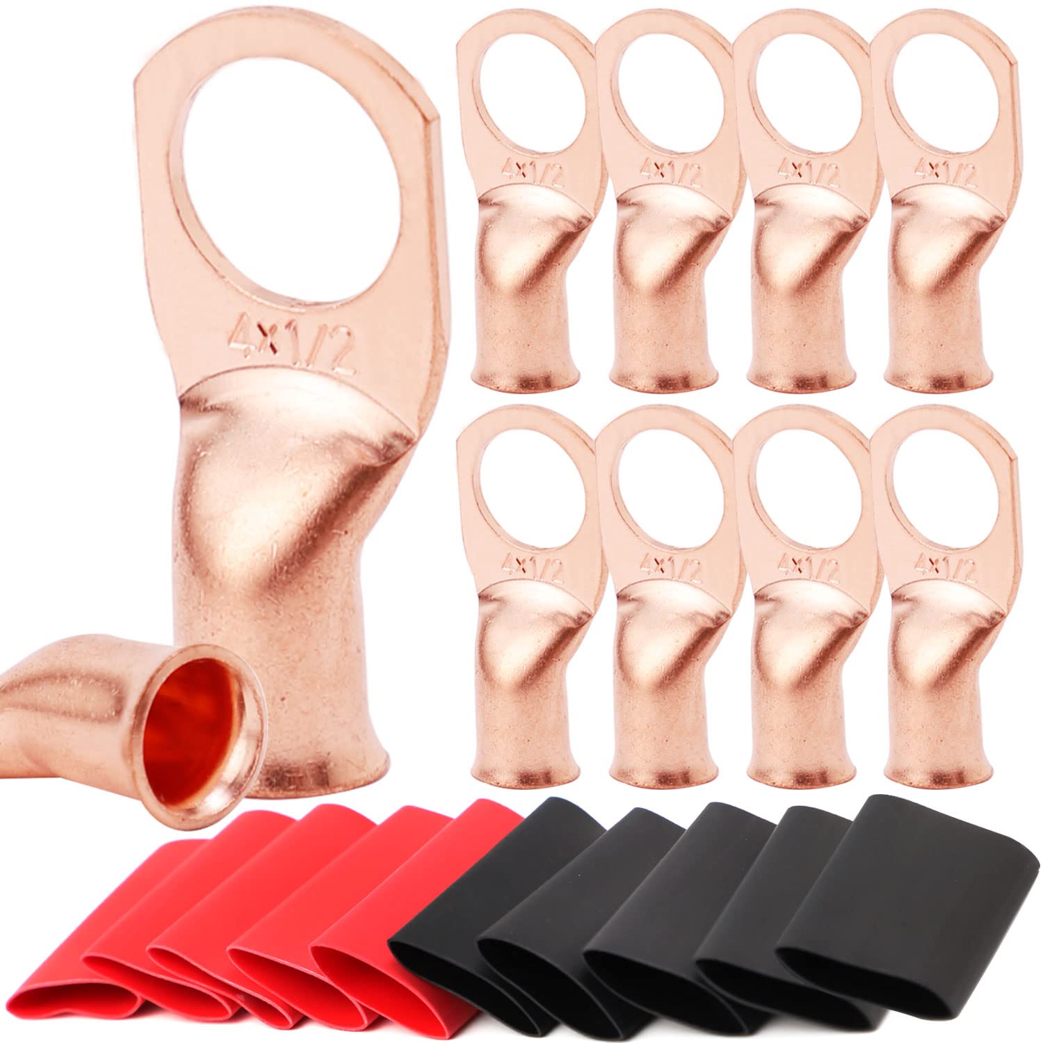 Tkdmr 10Pcs 4 Awg 1/2'' Battery Lugs,With 10Pcs 3:1 Heat Shrink Tubing,Battery Cable Ends,Heavy Duty Copper Wire Lugs,Tubular Ri