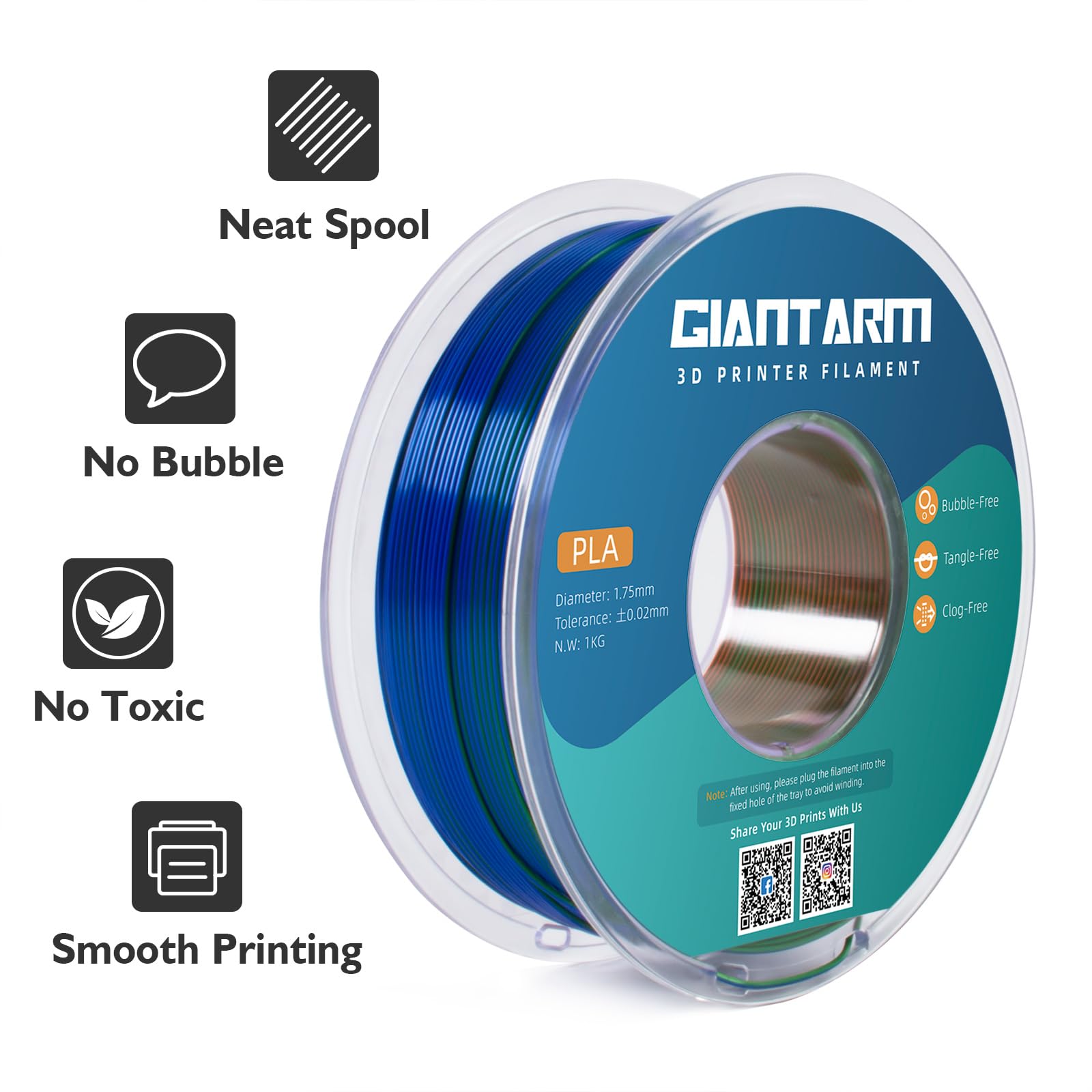 Giantarm Tri Colors Silk Pla Filament, 3D Printer Filament 1.75Mm +/ 0.02Mm, 1Kg (2.2Lbs) Spool, Vacuum Packaging (Orange+Blue+G