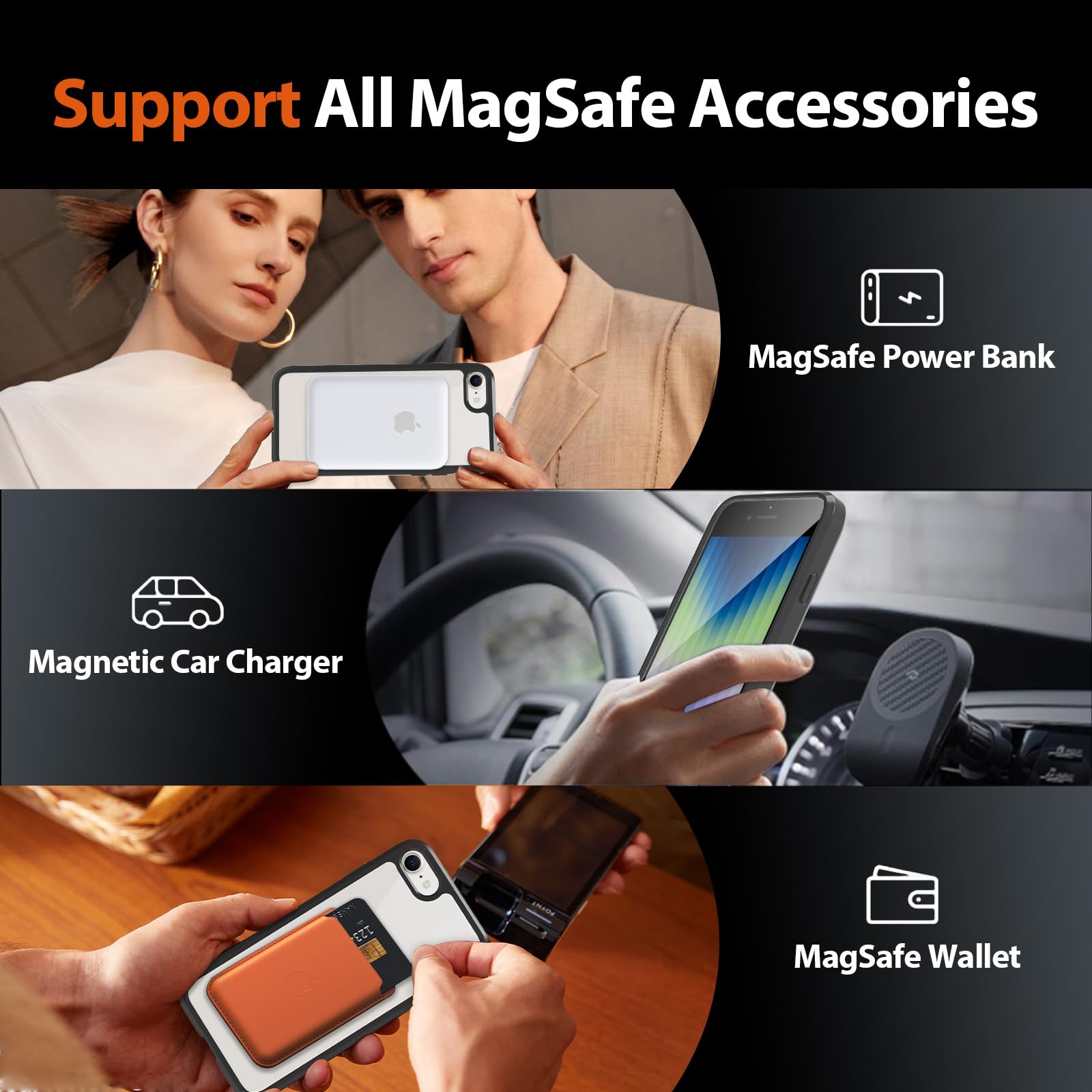 Magnetic For Iphone Se Case 2022/2020,Iphone 8/7 Case,Shockproof Anti Scratch Clear Thin Slim Phone Case.Black & Black Magnetic