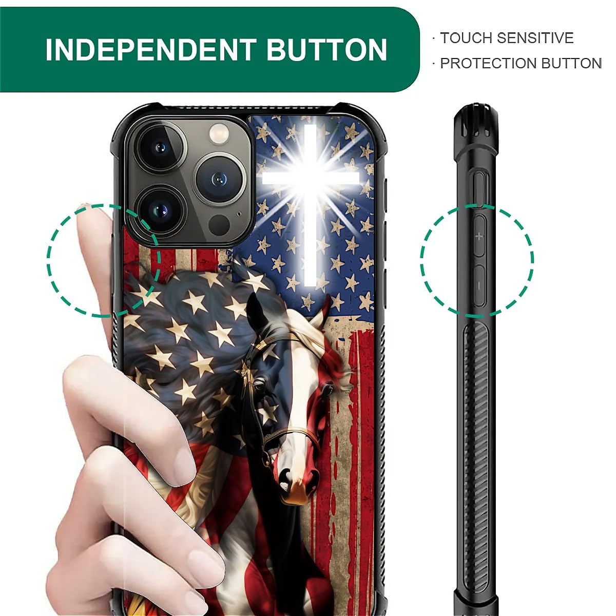 Fkbrcl4U For Iphone 16 Pro Max Case, Red American Flag Horse Cross Pattern Graphic Design Girl Boy Soft Silicone Hard Acrylic Sh