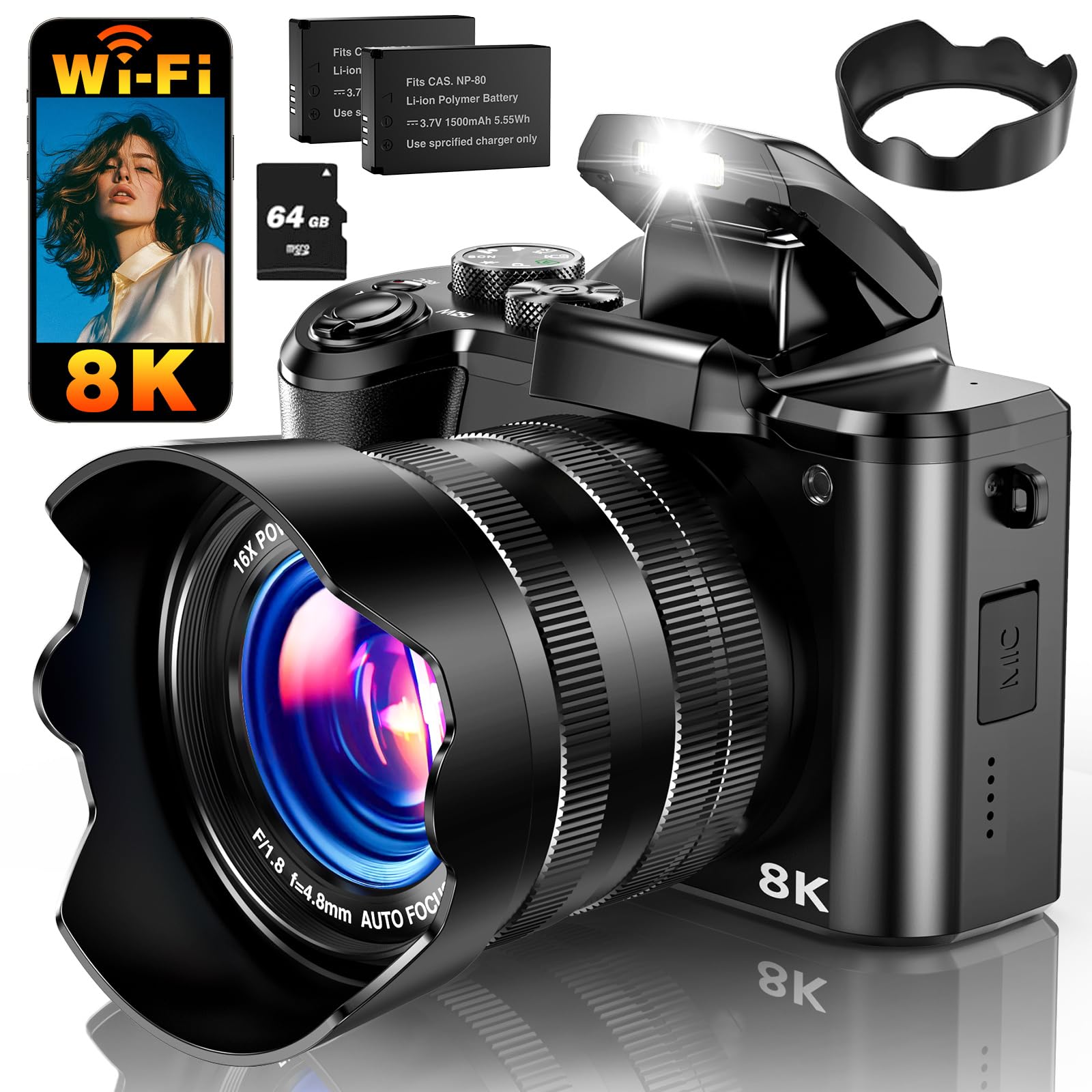 8K Digital Camera, 88MP WiFi Cameras for Photography with 3.2 Touchscreen, 16X Zoom Autofocus Vlogging Camera for YouTube Video,