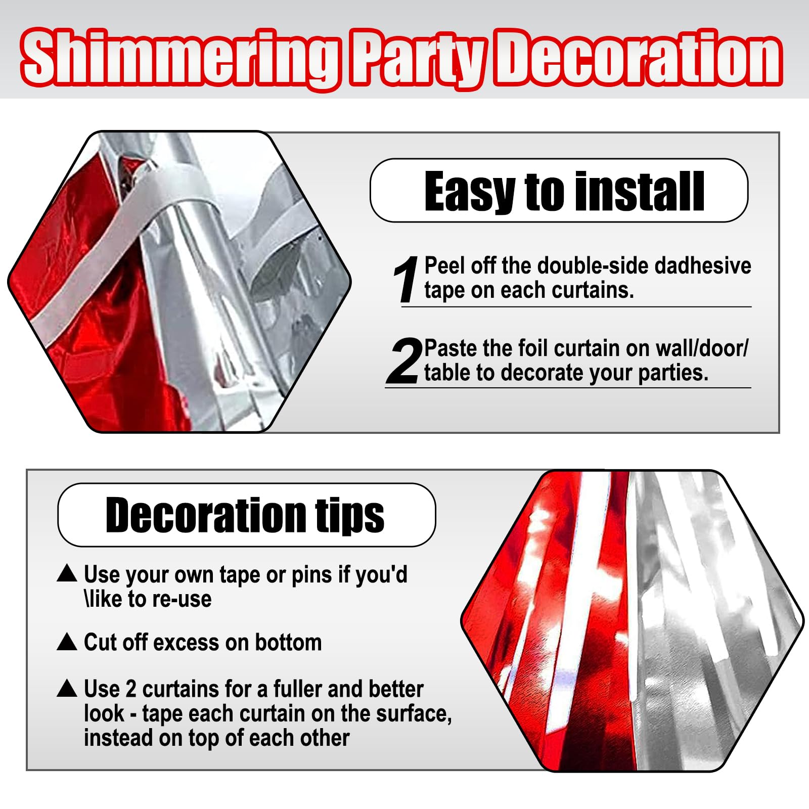 6 Pack Red Silver Foil Fringe Curtain Backdrop, 3.28Ft X 6.6Ft Metallic Tinsel Foil Fringe Streamer Curtains For Photo Booth, Ch