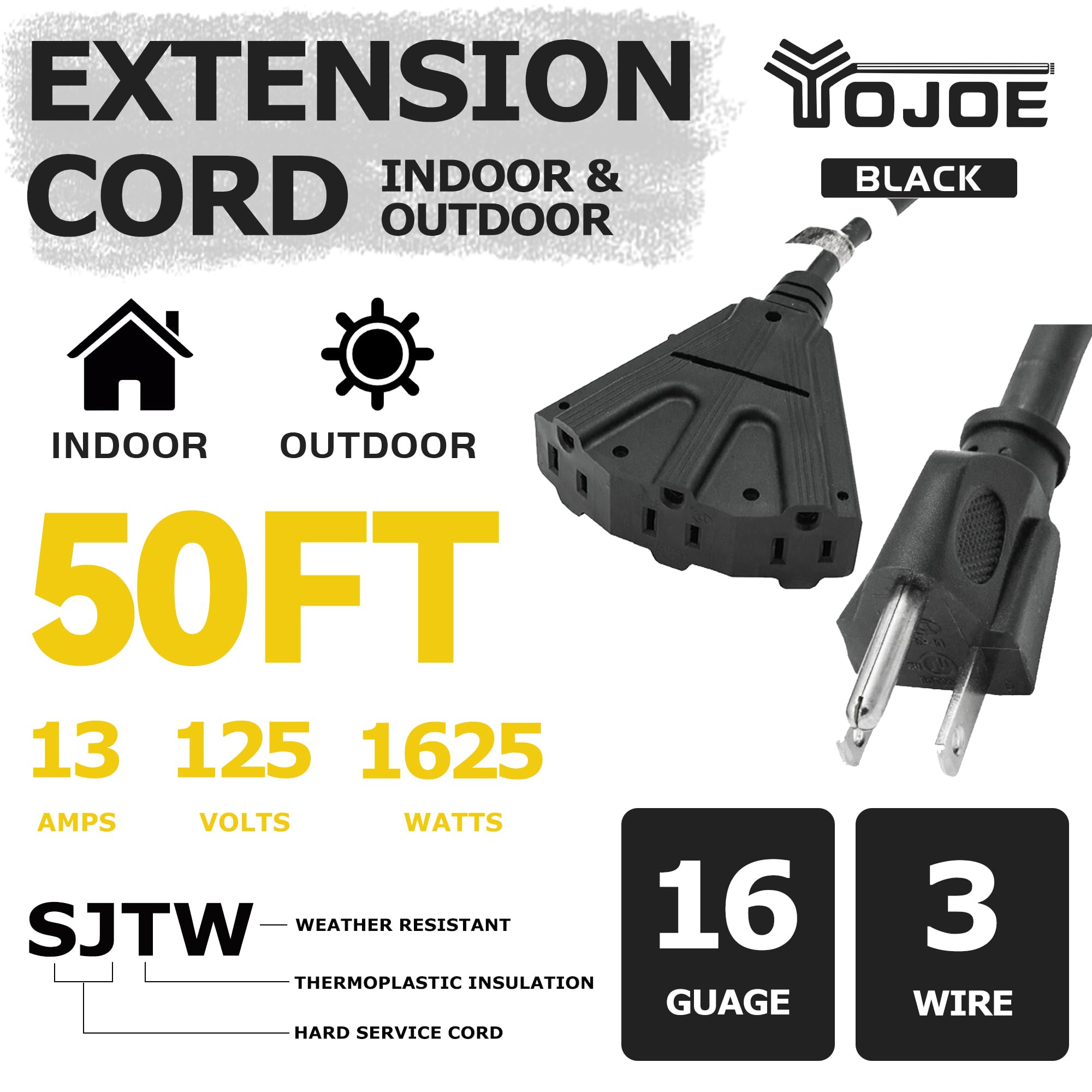 Yojoe 3 Outlets Indoor Outdoor Extension Cord, 3 Prong 13A Weatherproof Power Cord Multiple Outlets, 16 Gauge Heavy Duty 50 Ft B