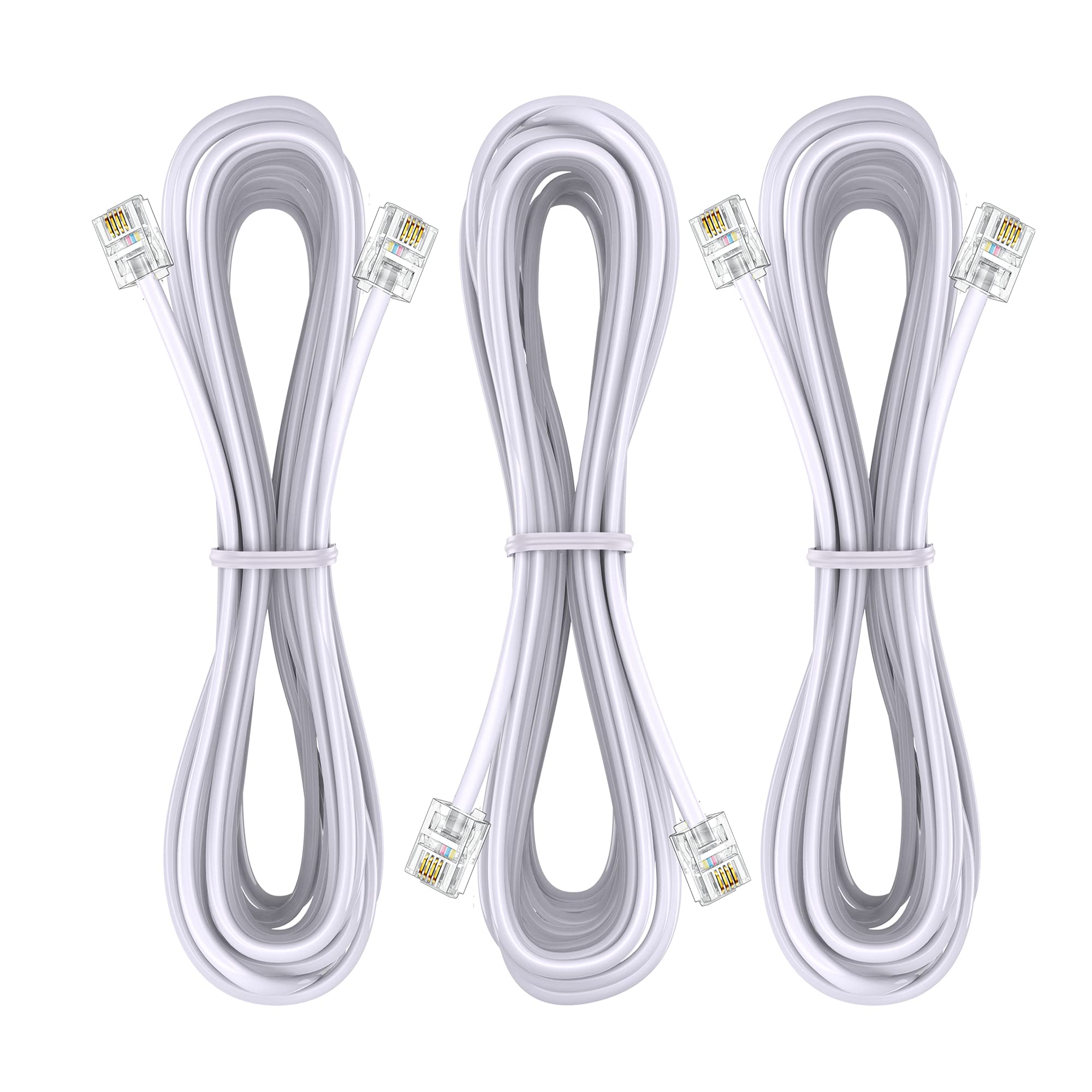 Ubramac 3Pack Phone Telephone Extension Cord 15Ft Cable Line With Standard Rj11 6P4C Plugs For Landline Phone And Fax (15F, Whit