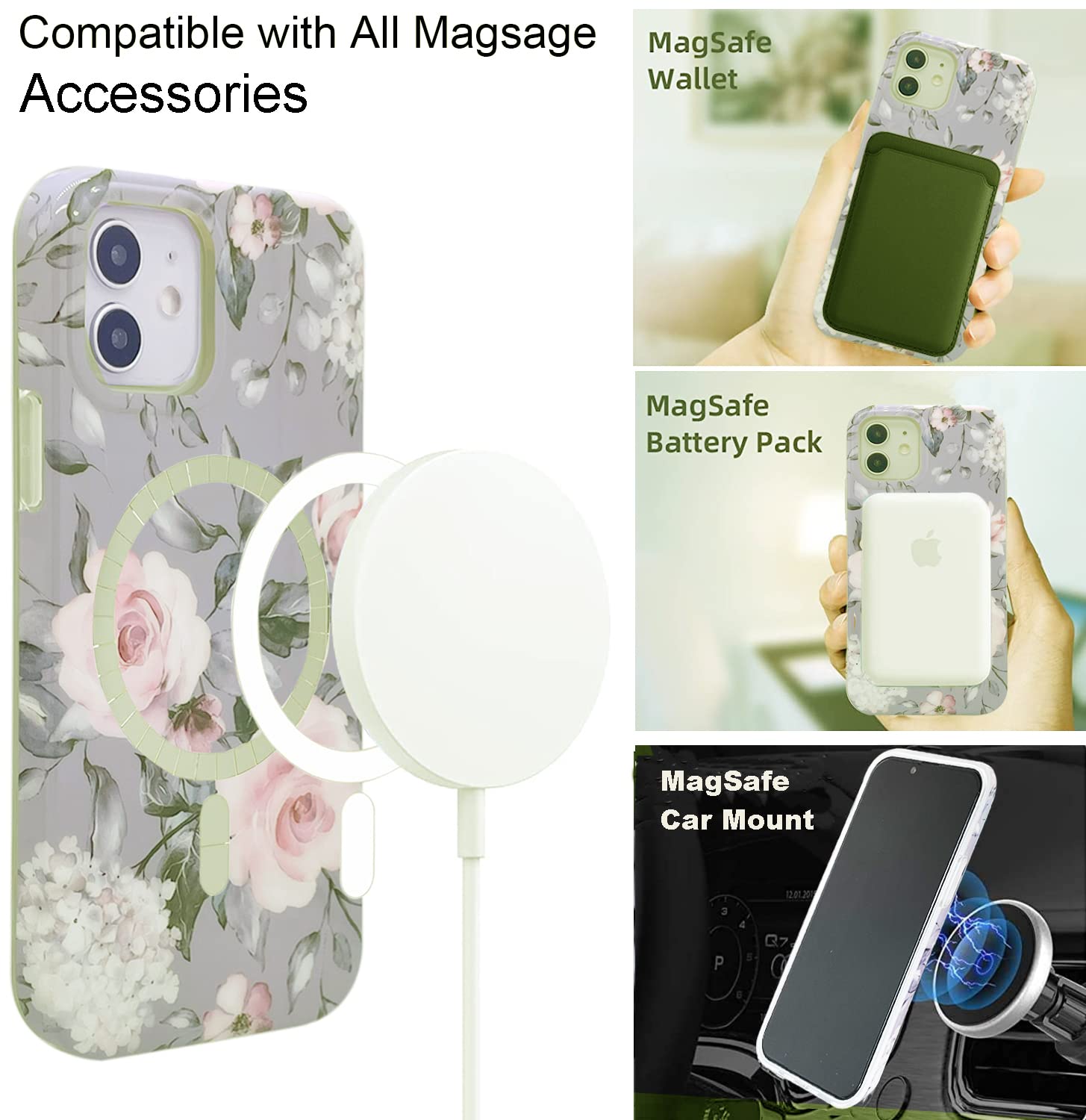 Magnetic Case For Iphone 12/12 Pro 6.1'' Compatible With Magsafe   Soft Tpu, Slim, Shockproof, Protective, Cute Gray Pink Floral