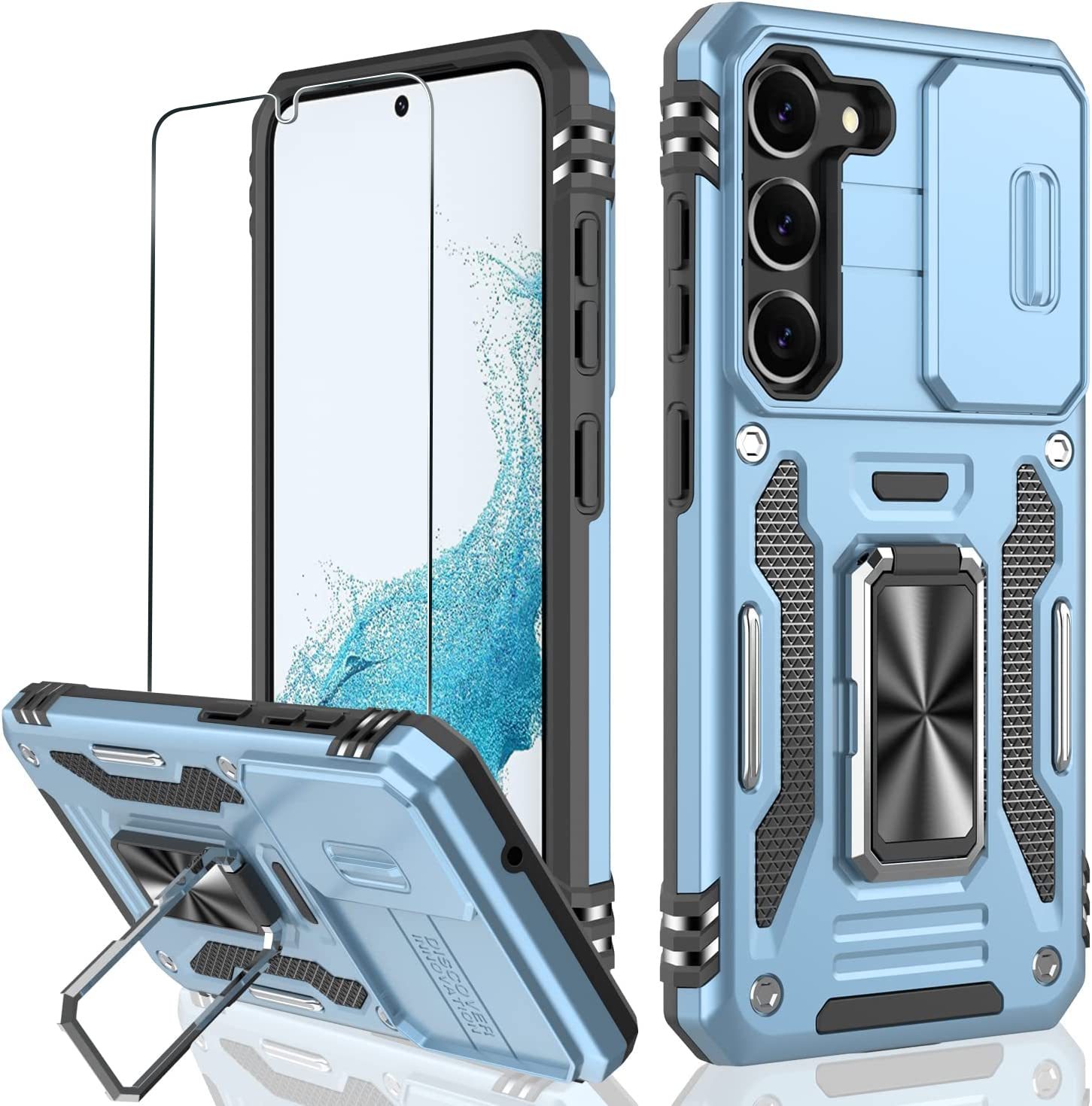 Wrj Case For Samsung Galaxy S23 Plus With Slide Camera Cover And Screen Protector,Military Grade Cover [Rotated Ring Kickstand] 