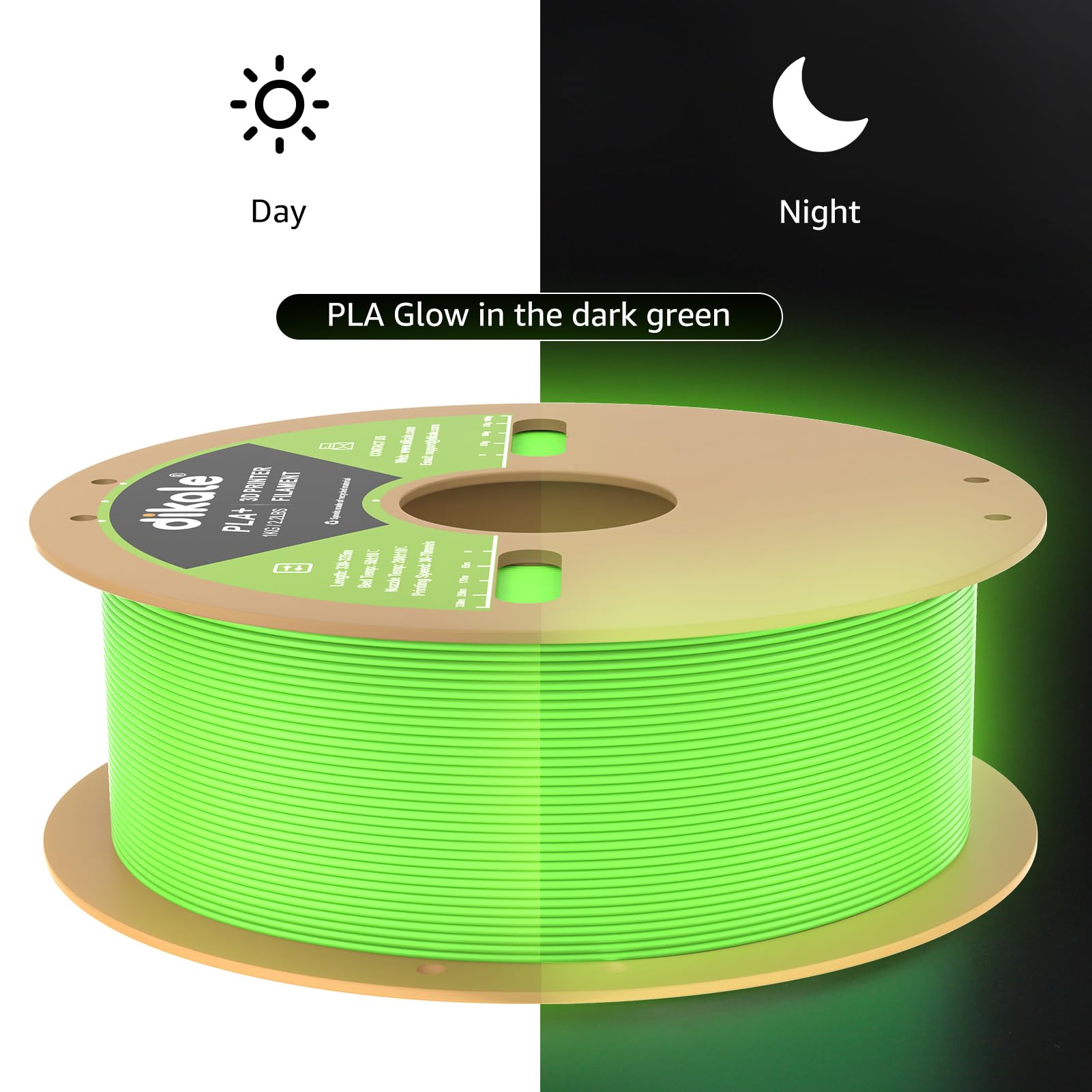 Dikale Pla+ 3D Printer Filament Luminous Green, 1.75Mm No Tangle, Net Weight 2.2Lbs Spool (1Kg, Pla Pro Plus, Green With Glow In