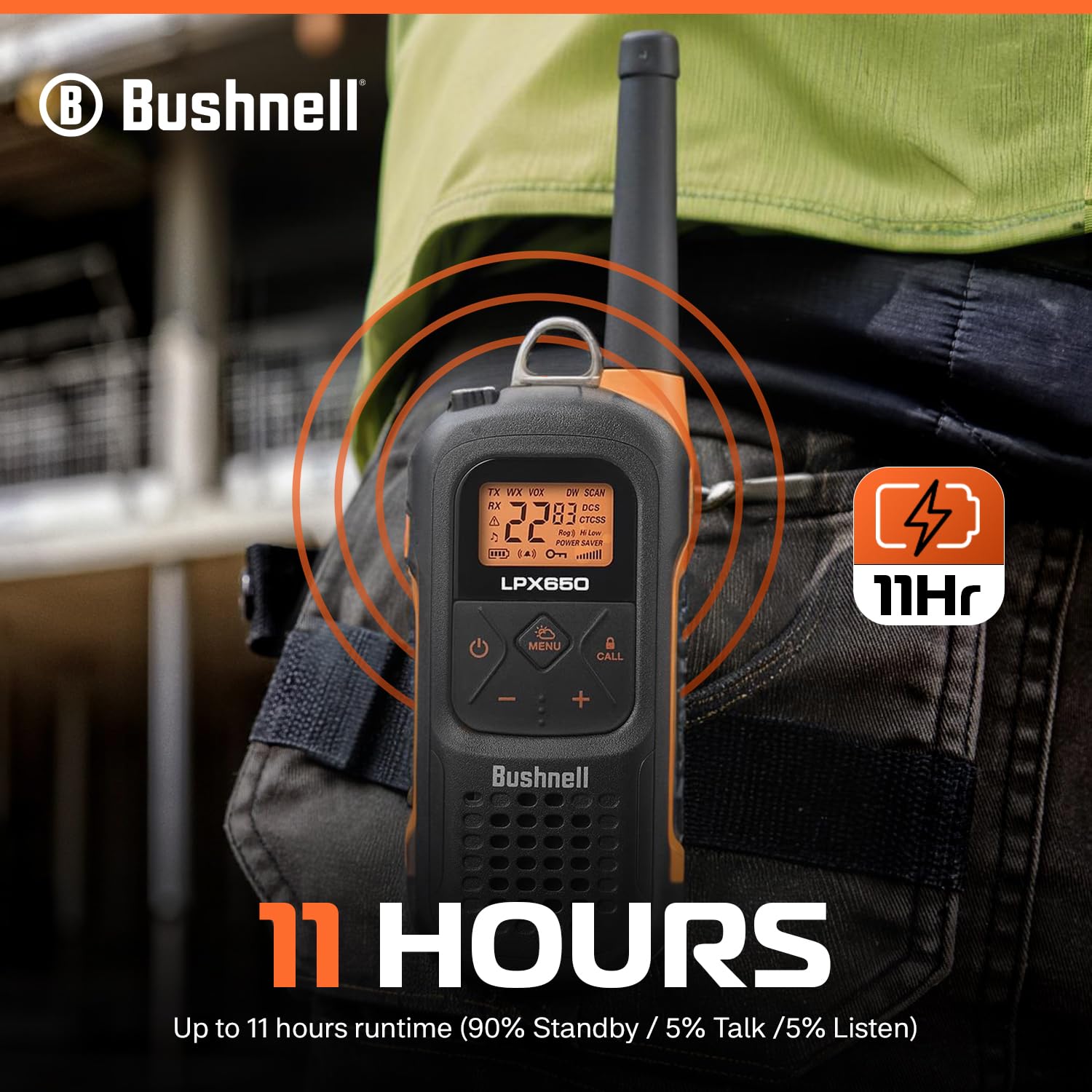 Bushnell Lpx650 Walkie Talkie Radio   Reliable Quality, Rugged Floating Design, 2W Power For 42 Miles Of Range, Two Way Radios E