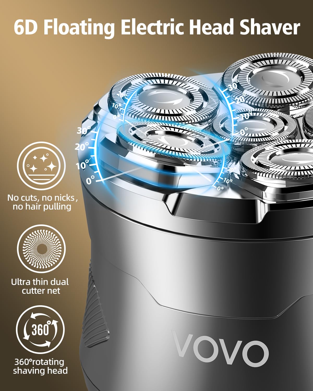 Vovo Head Shavers For Bald Men 2 Speed 6D Electric Face Head Shaver Large Capacity Cordless Type C Rechargeable Ipx7 Waterproof