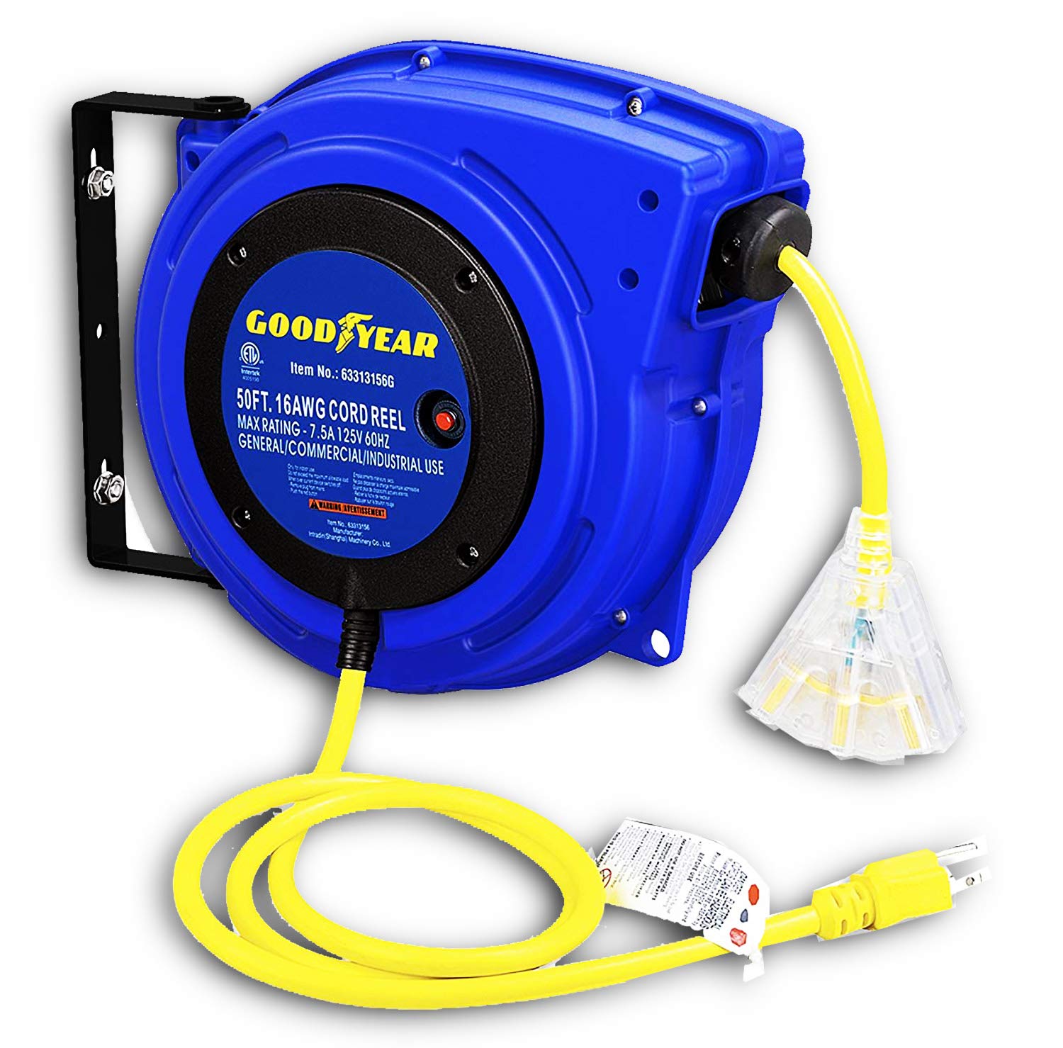 Goodyear Extension Cord Reel Retractable 16Awg X 50' Foot 3C/Sjtow Commercial Cable Led Triple Tap Connector Power 10A 125Vac 93