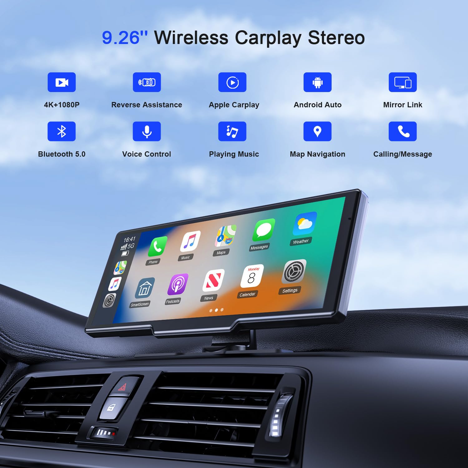 9.26'' Wireless Apple Carplay Screen With 4K Dash Cam,Portable Car Stereo Touchscreen,1080P Rear Camera,Android Auto,Voice Contr