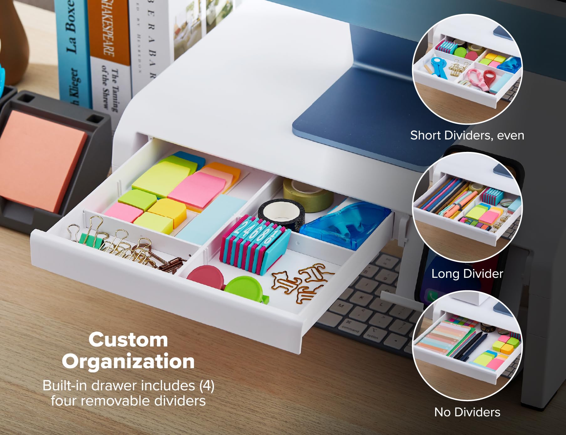 Bostitch Konnect Adjustable Monitor Riser With Drawer & Cell Phone Holder, Laptop Stand For Desk, 4 Height Levels, Cable Managem