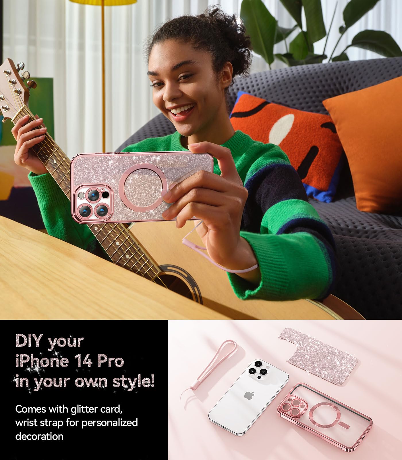 Meifigno Candy Mag Series Case For Iphone 14 Pro, [Compatible With Magsafe] [Glitter Card & Wrist Strap] Full Camera Lens Protec