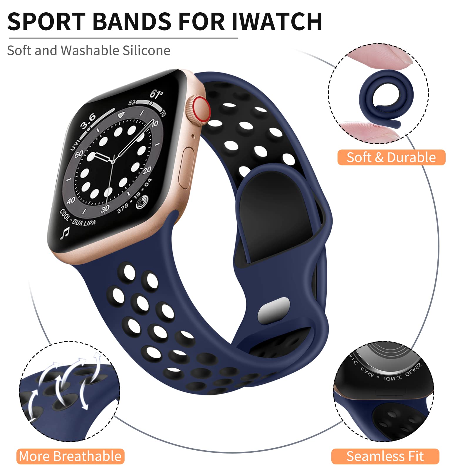 Lerobo Bands Compatible For Apple Watch Band 45Mm 44Mm 42Mm 49Mm Women Men,Soft Silicone Replacement Bands Compatible For Apple Watch Ultra 2 Se Iwatch Series 9 8 7 6 5 4 3 2 1,Midnightblue/Black,M/L