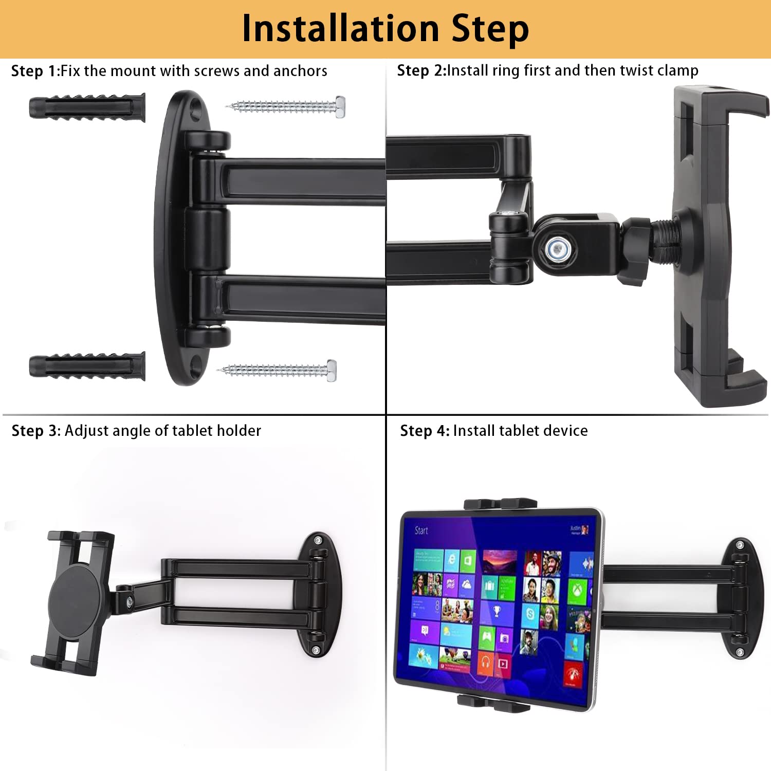 Mippko Foldable Tablet Wall Mount Holder For 7~12.9 Inch Tablets Ipad/Nexus/Lg G Pads/E Reader/Switch, Adjustable Extension Articulating Arm Swivels Mount (Black)