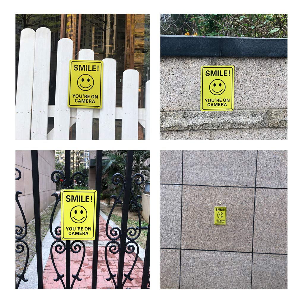 3Pack Smile You'Re On Camera Video Surveillance Signs 10X7 Inches Anti Rust Aluminum Uv Protected Reflective Signs For Home Busi