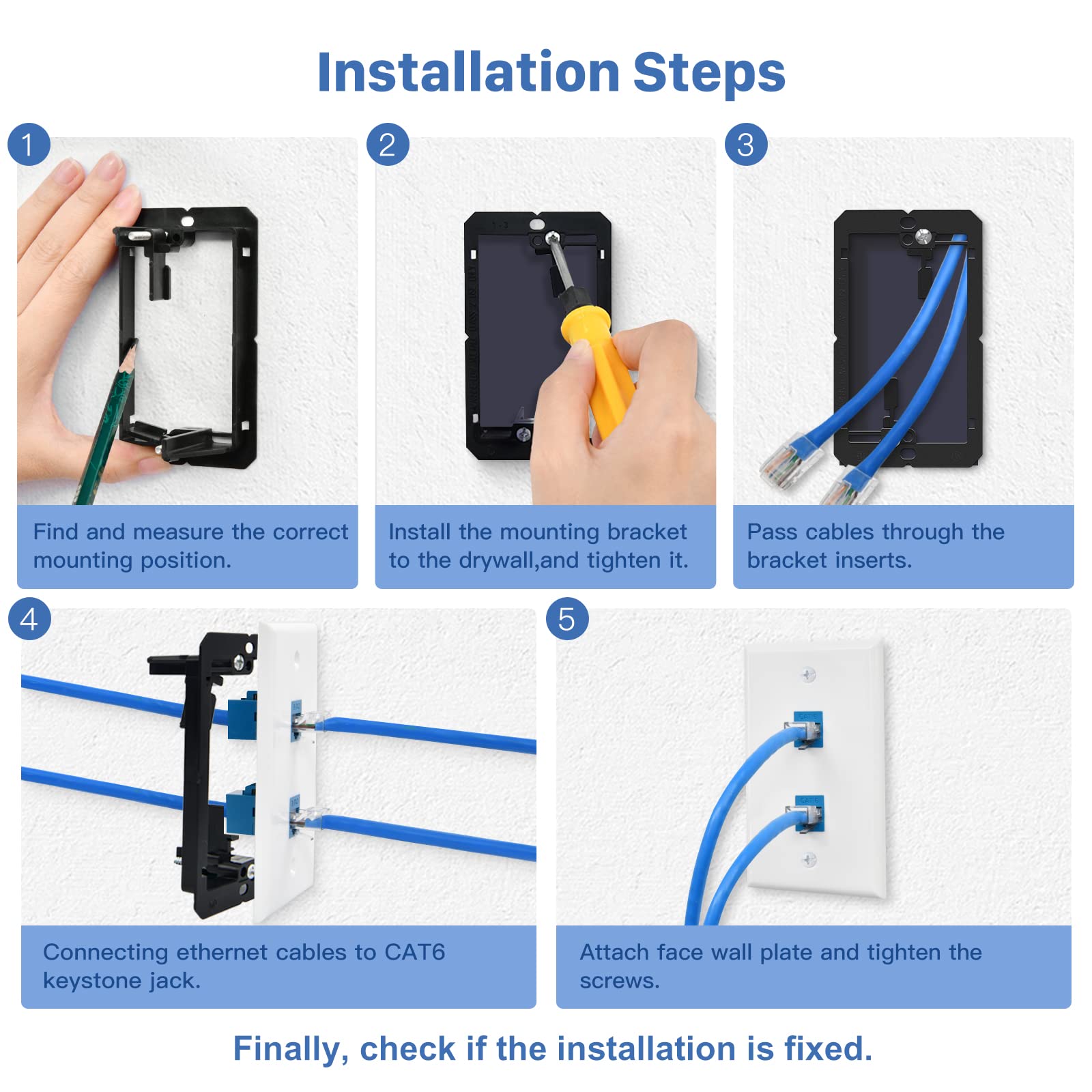 Anonion 4 Pack Ethernet Wall Plate 2 Port Keystone Jack Blue Cat6 Rj45 Coupler Outlet Connector With Single Gang Low Voltage Mou