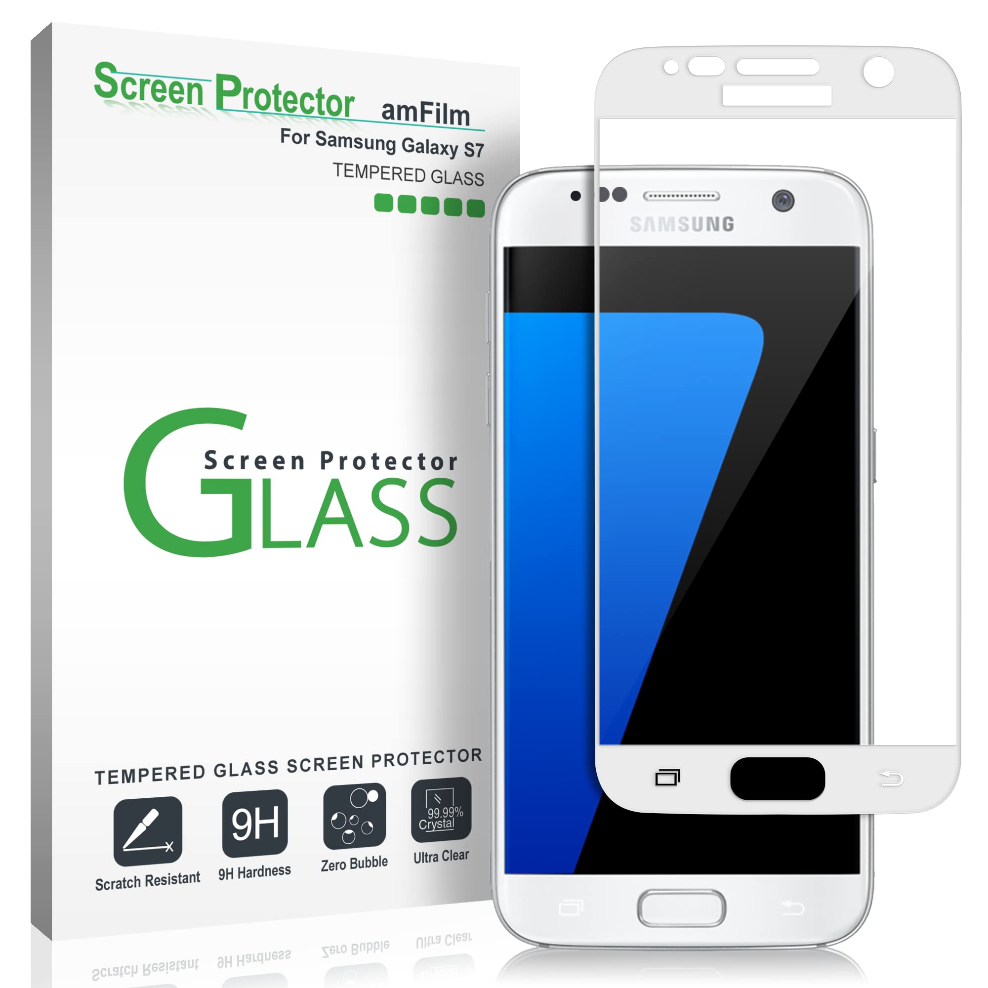 amFilm Glass Screen Protector for Galaxy S7, Tempered Glass, Dot Matrix, 3D Curved, with White Border