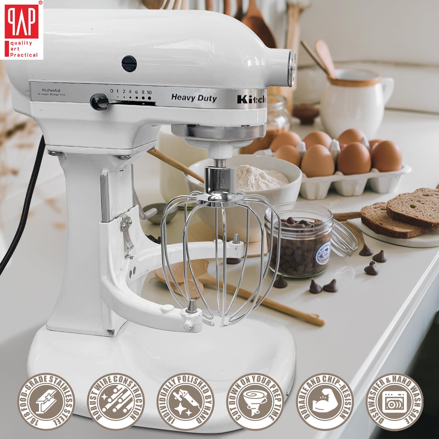 Heavy Duty Whisk Attachment For Kitchenaid 5Qt Bowl Lift Stand Mixers  Extra Thick Stainless Steel Wire Whip For Fast Whipping,