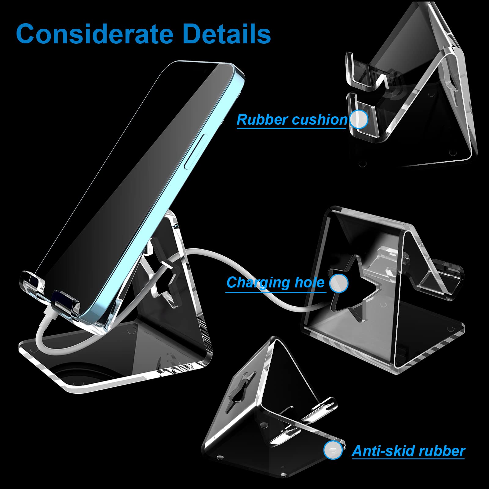 Crpich Acrylic Cell Phone Stand For Desk, Clear Phone Holder With Star Shaped Charging Hole, Compatible With Phone15 14 13 12 Pr
