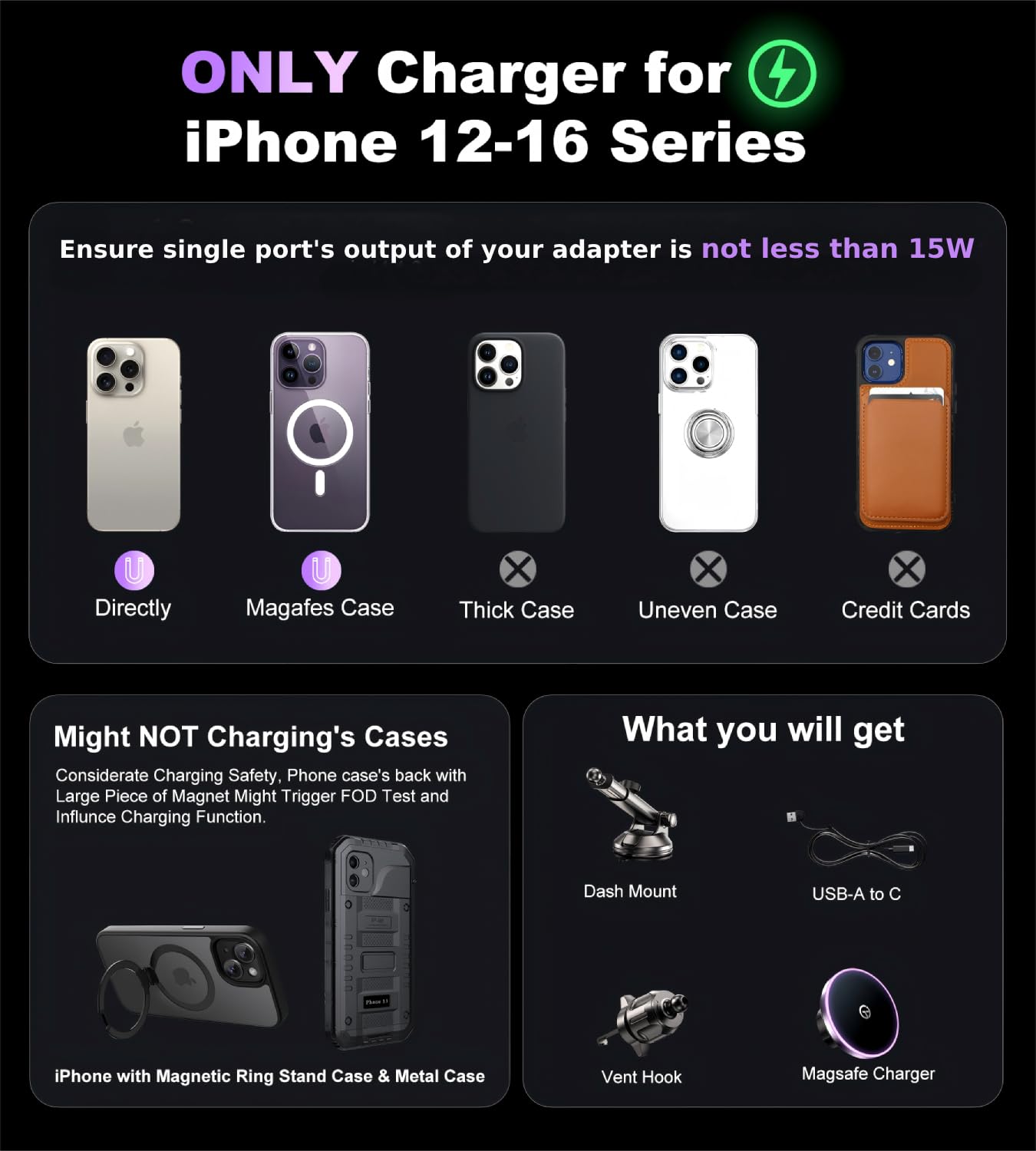 Gumosh For Magsafe Car Mount Charger Dash Vent Windshield Wireless Car Charger With Led Light, Strong Magnetic Phone Holder For