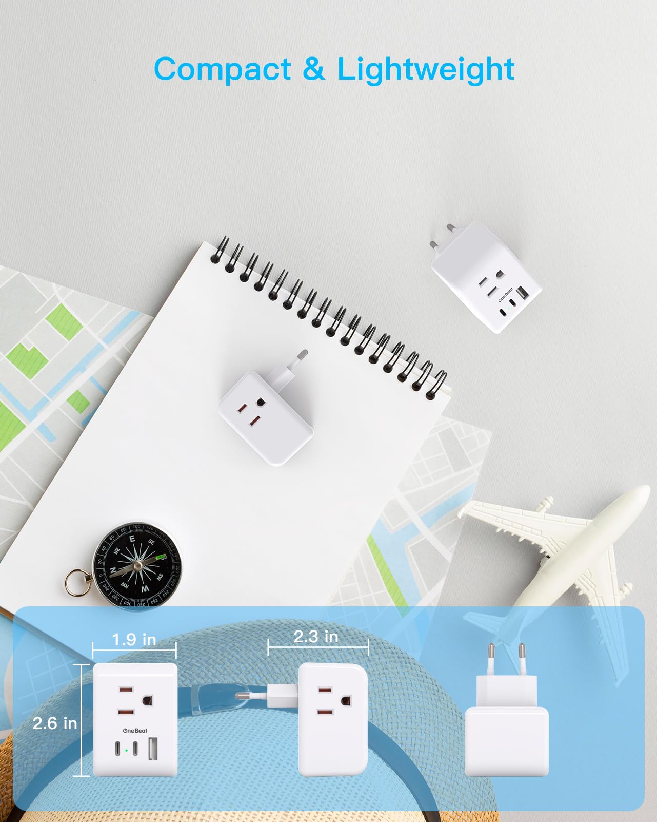 2 Pack European Travel Plug Adapter, One Beat International Power Plug Adapter With 3 Outlets 1 Usba 2 Usb C, Type C Plug Adapte